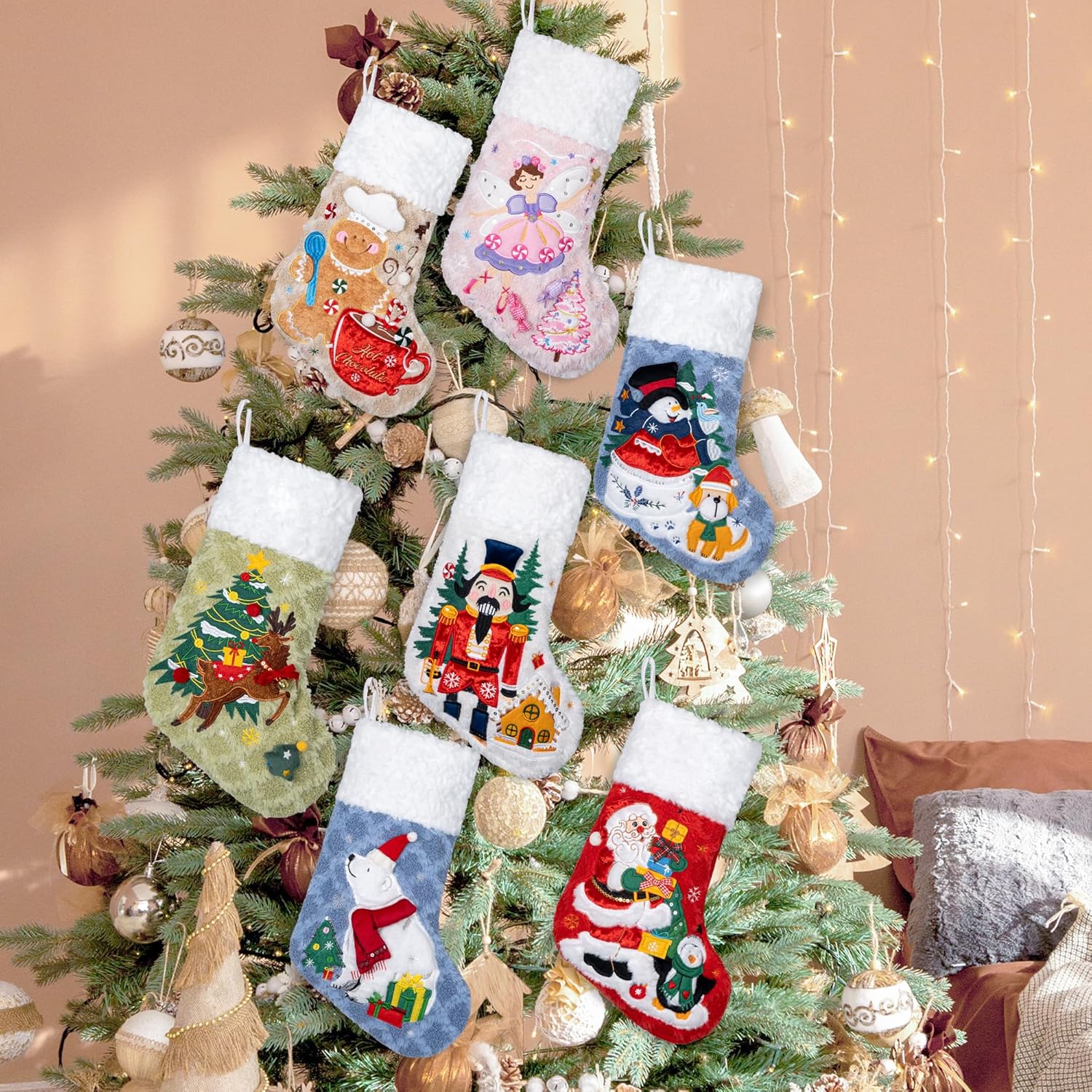 BHD BEAUTY Set of 6 Christmas Stockings Gray Burlap Buffalo Red Plaid Soft Faux Fur 20 Inches Lovely Embroidery Pattern for Family Decorations Hanging Ornament for Xmas Holiday Party