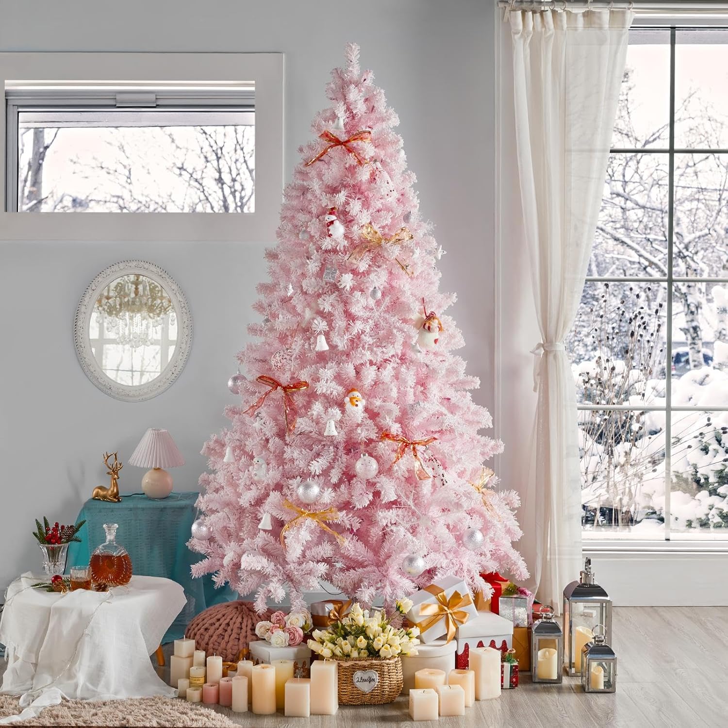 6ft Snow Flocked Pre-lit Christmas Tree with 250 Warm White Lights, 820 Lush Branch Tips & Quick-Assembly Hinged Design, Full Artificial Xmas Tree for Winter Holiday Décor, Green & White