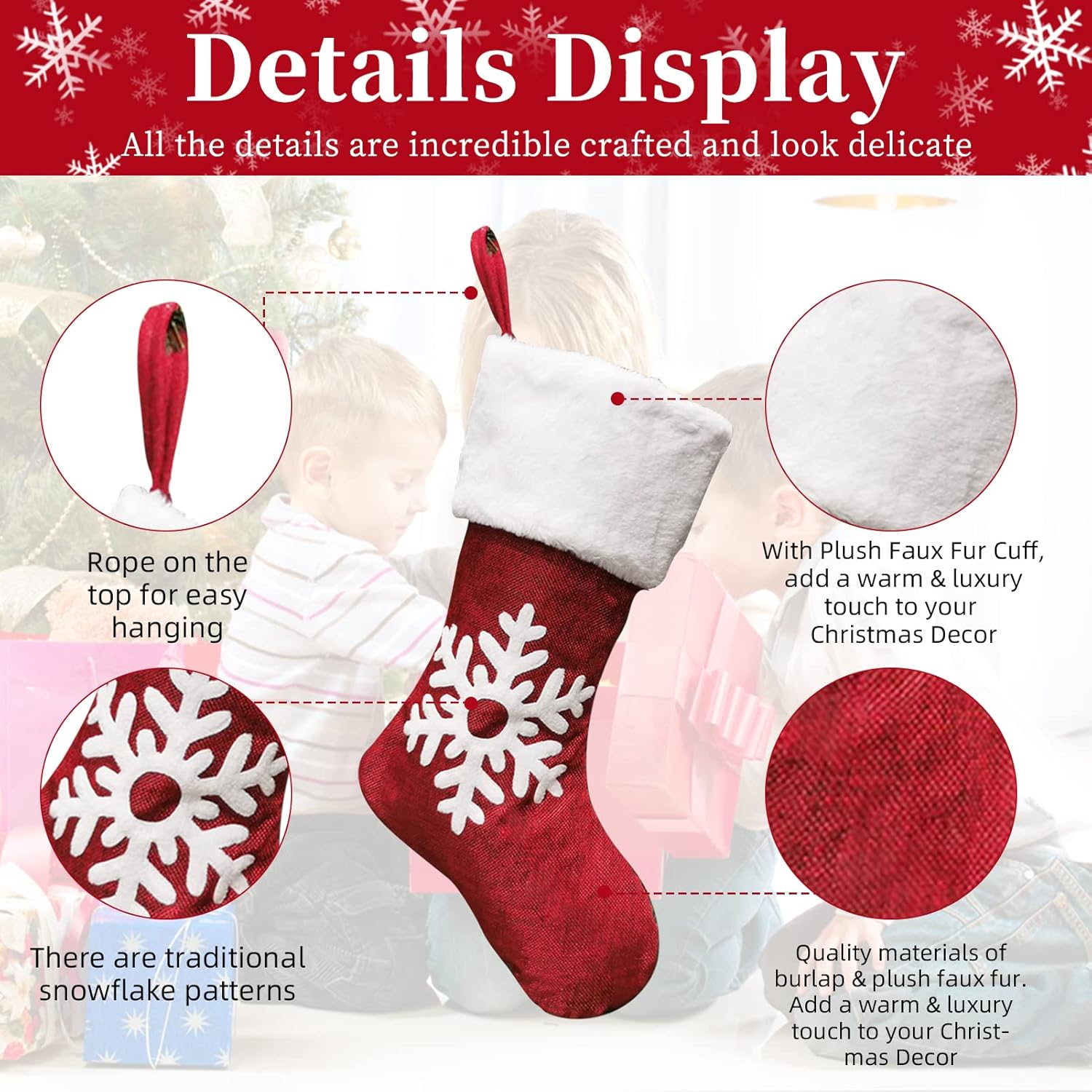 Meajore 2 Pcs Christmas Stockings New Set, 3D Gnomes Santa Christmas Stockings Personalized (18inch) Soft Classic Red and Grey Fireplace Hanging for Family Holiday Xmas Party Decorations