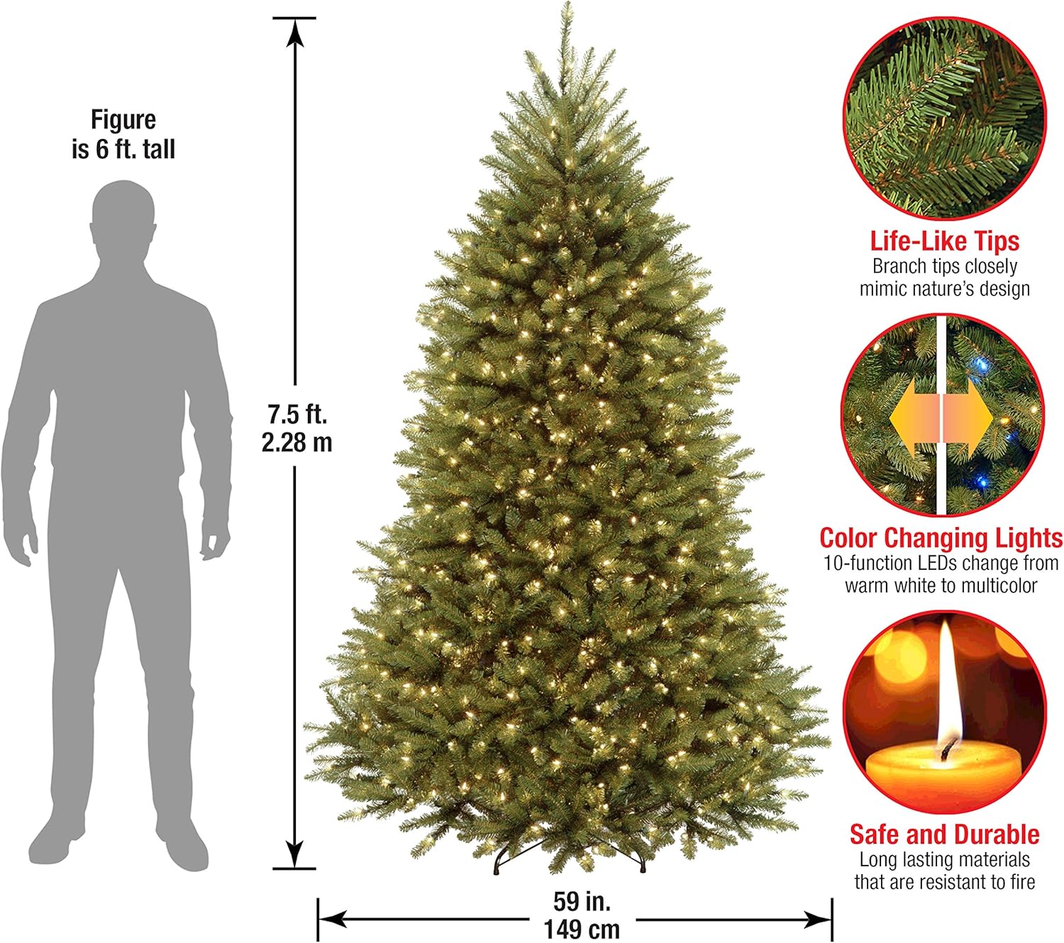 National Tree Company 7.5 ft Pre-Lit Dunhill Fir Artificial Christmas Tree, 700 LED Lights, 2,514 Tips, Foot Pedal, 10 Light Functions, Includes Stand, Green
