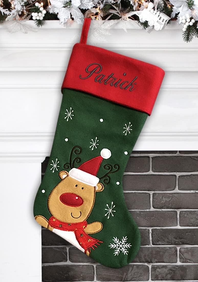 Personalized Christmas Stocking - Santa Stocking - Embroidered Name - Large 18.5inch, Traditional Red and Green, Family Holiday Season Decor