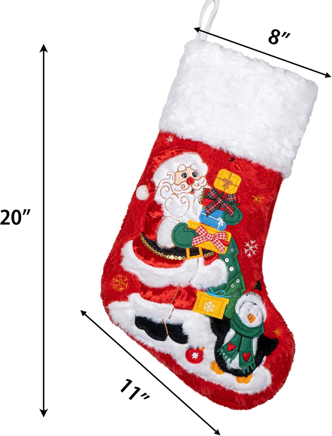 BHD BEAUTY Set of 6 Christmas Stockings Gray Burlap Buffalo Red Plaid Soft Faux Fur 20 Inches Lovely Embroidery Pattern for Family Decorations Hanging Ornament for Xmas Holiday Party