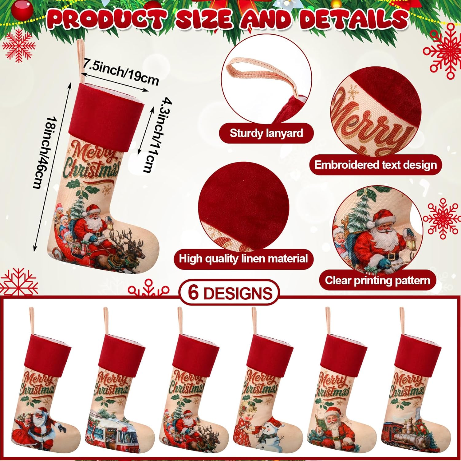 Simgoing 6 Pcs Vintage Christmas Stockings 18'' Large Rustic Santa Christmas Stockings with Velvet Border Hanging Xmas Ornament for Tree Fireplace Farmhouse Family Holiday Party Decoration Gift