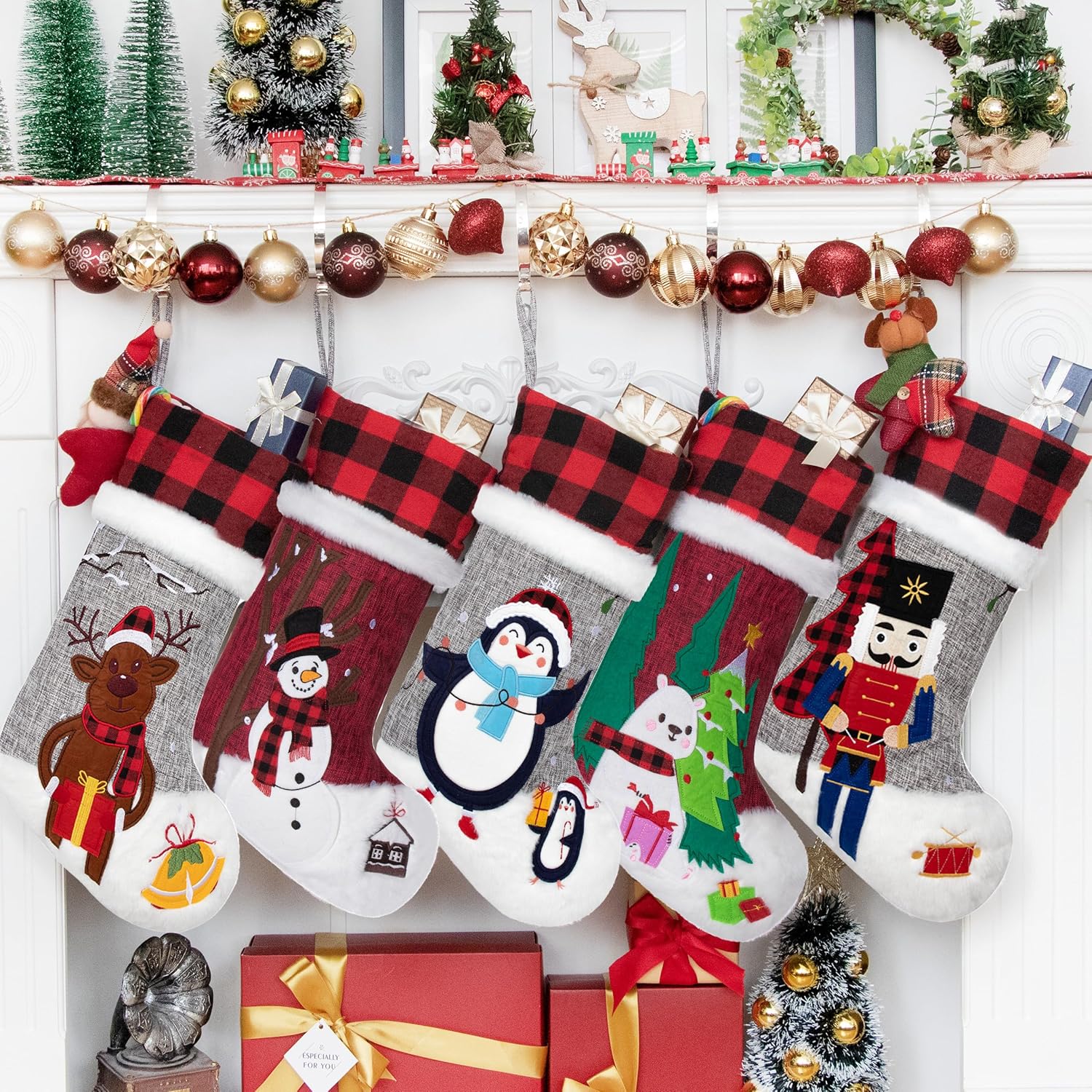 BHD BEAUTY Set of 6 Christmas Stockings Gray Burlap Buffalo Red Plaid Soft Faux Fur 20 Inches Lovely Embroidery Pattern for Family Decorations Hanging Ornament for Xmas Holiday Party
