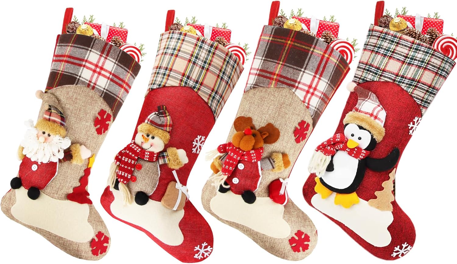 Dreampark Christmas Stockings Bulk 4 Pcs - 18 Classic Xmas Stockings Set of 4 - Santa Snowman Reindeer Penguin Christmas Stocking Decorations Home Decor Party Supplies & Kids Gifts