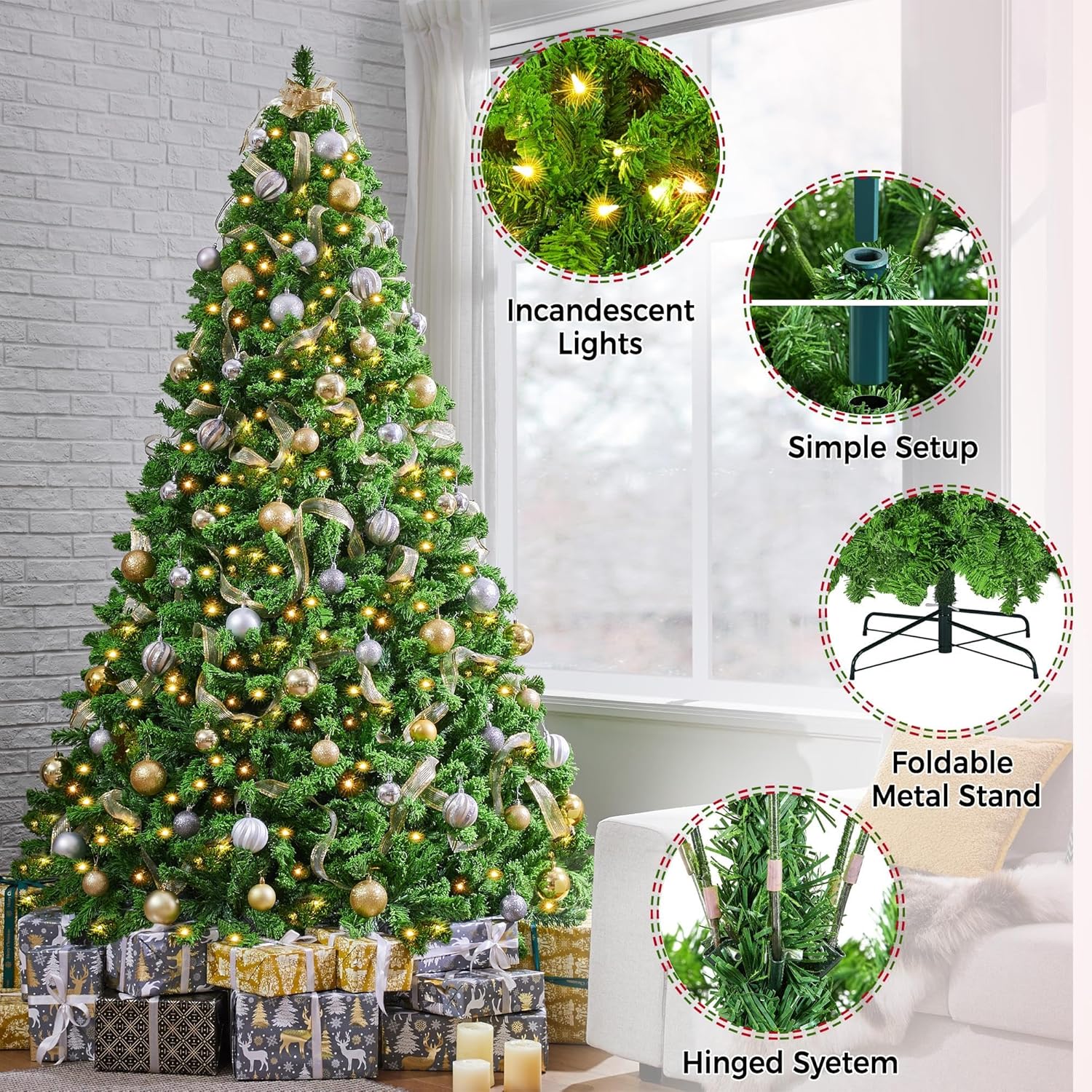 6ft Snow Flocked Pre-lit Christmas Tree with 250 Warm White Lights, 820 Lush Branch Tips & Quick-Assembly Hinged Design, Full Artificial Xmas Tree for Winter Holiday Décor, Green & White