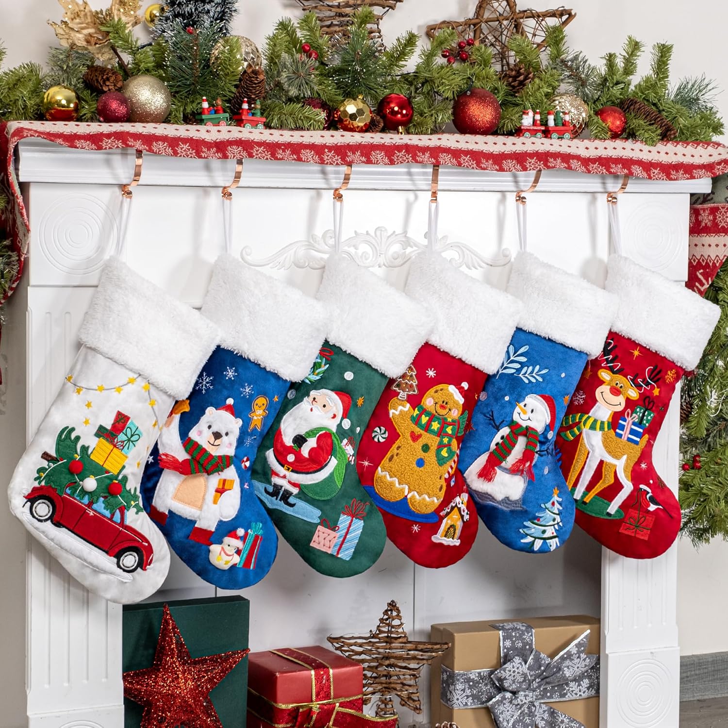 BHD BEAUTY Set of 6 Christmas Stockings Gray Burlap Buffalo Red Plaid Soft Faux Fur 20 Inches Lovely Embroidery Pattern for Family Decorations Hanging Ornament for Xmas Holiday Party