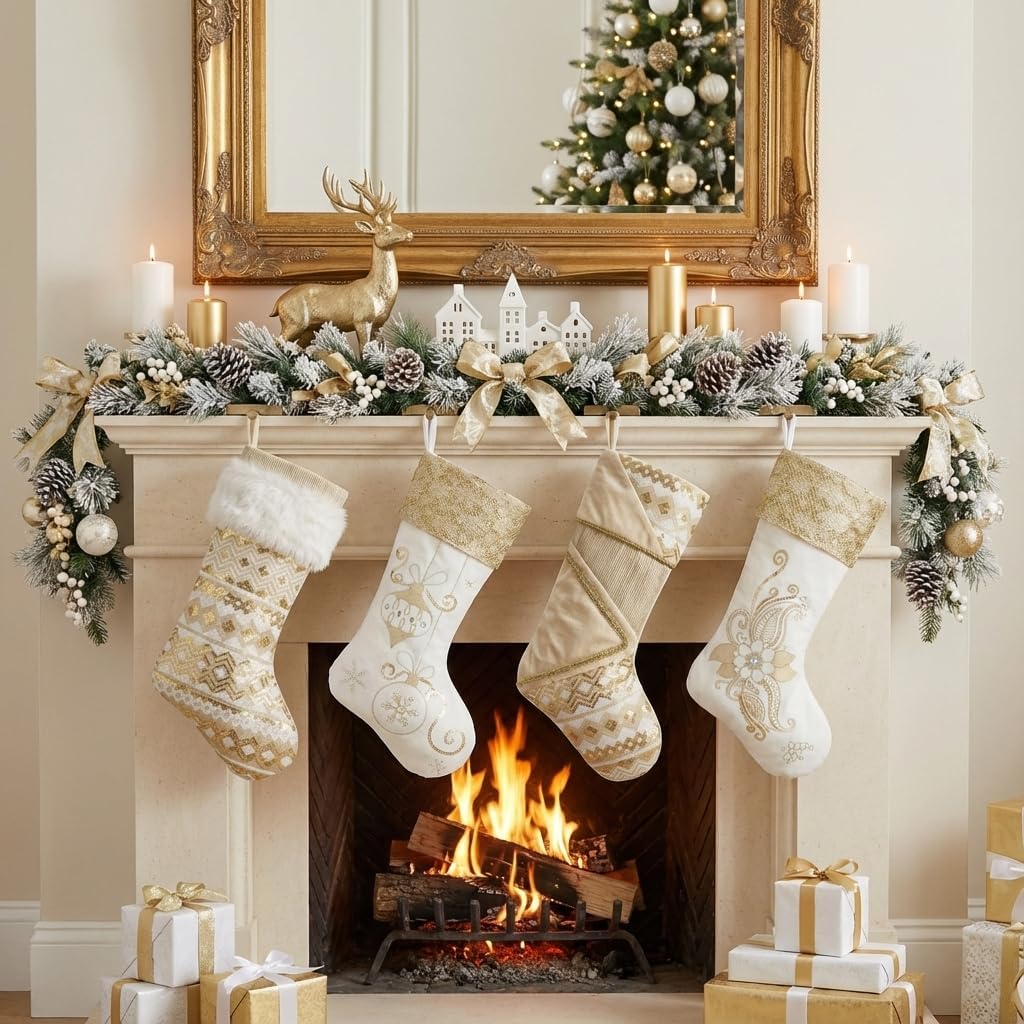 Valery Madelyn 21 Inches Christmas Stockings Decorations, 2 Pack White and Gold Stockings Embroidered in Gold Thread, Elegant Stocking Christmas with Name Tag for Fireplace Decor
