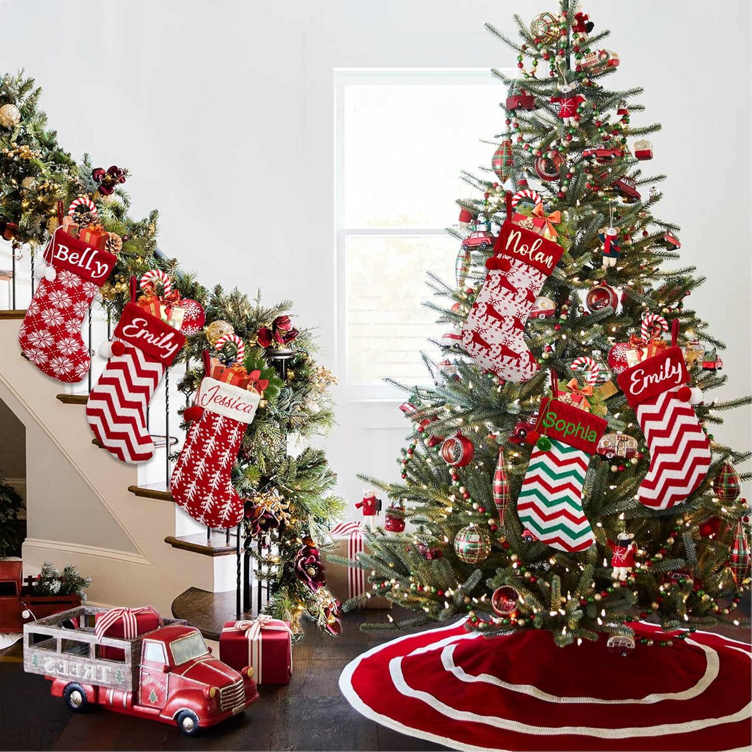 Flycalf Velvet Christmas Stockings 6 Pack Large 20 Inches with Hanging Loop Embroidery Classic Luxury Family Ornament Fireplace Hanging Stockings for Christmas Decorations