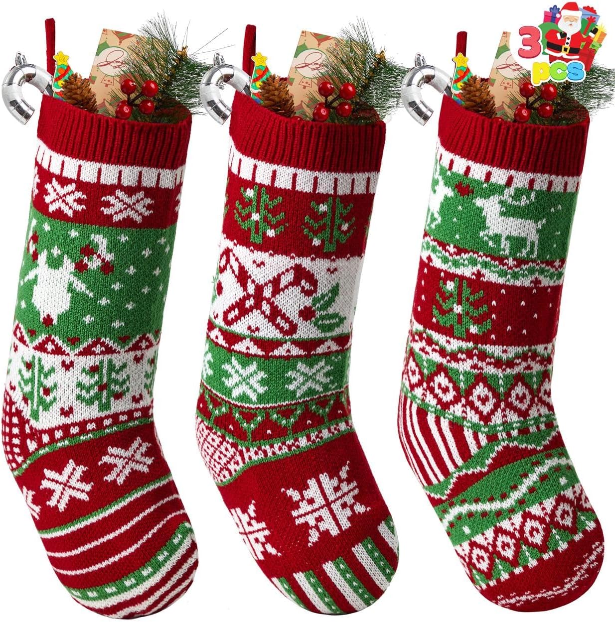 JOYIN 3 Pack 18” Christmas Stockings, Large Size Rustic Cable Knit Xmas Stocking in Red & Green, for Family Holiday Season Decorations