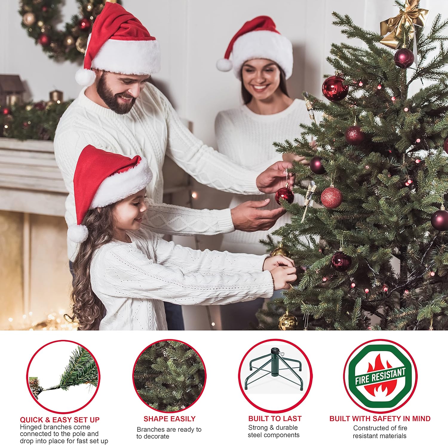 7.5ft Pre-Lit Aspen Fir Artificial Christmas Tree with 700 Clear Lights, 1319 Realistic Dense Branch Tips, Easy Setup Artificial Trees with Sturdy Metal Stand