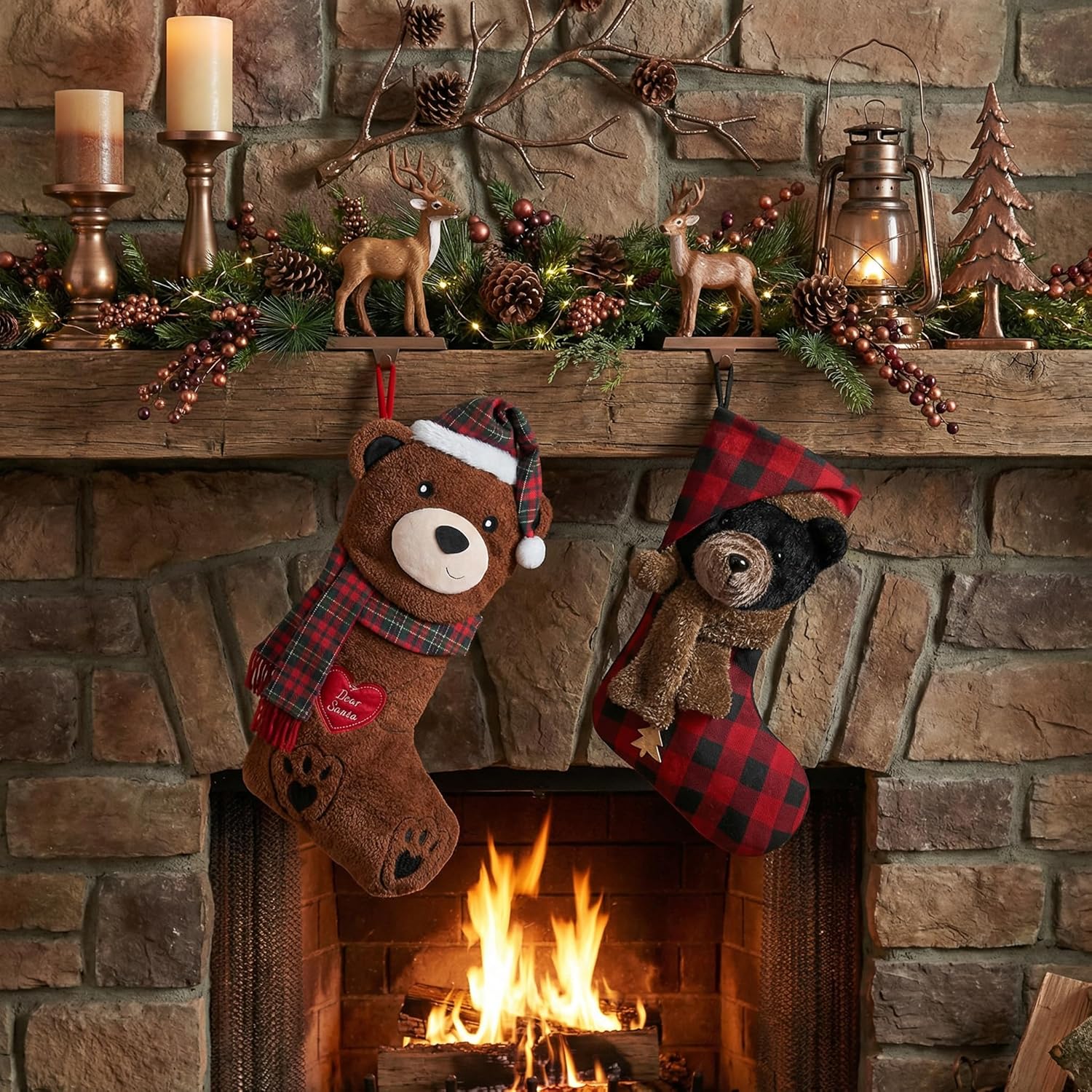 Valery Madelyn Christmas Stockings for Christmas Gifts & Decorations, 21 Inch Fabric Red Black Tartan Bear Cute Plush Personalized Fireplace Hanging Ornament for Holiday Xmas Party Decor