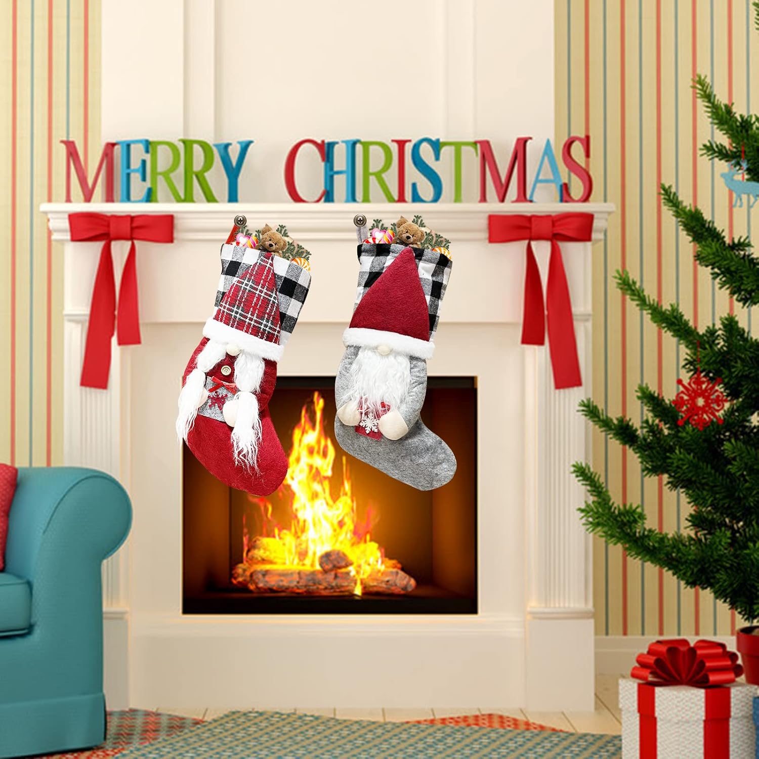 Meajore 2 Pcs Christmas Stockings New Set, 3D Gnomes Santa Christmas Stockings Personalized (18inch) Soft Classic Red and Grey Fireplace Hanging for Family Holiday Xmas Party Decorations