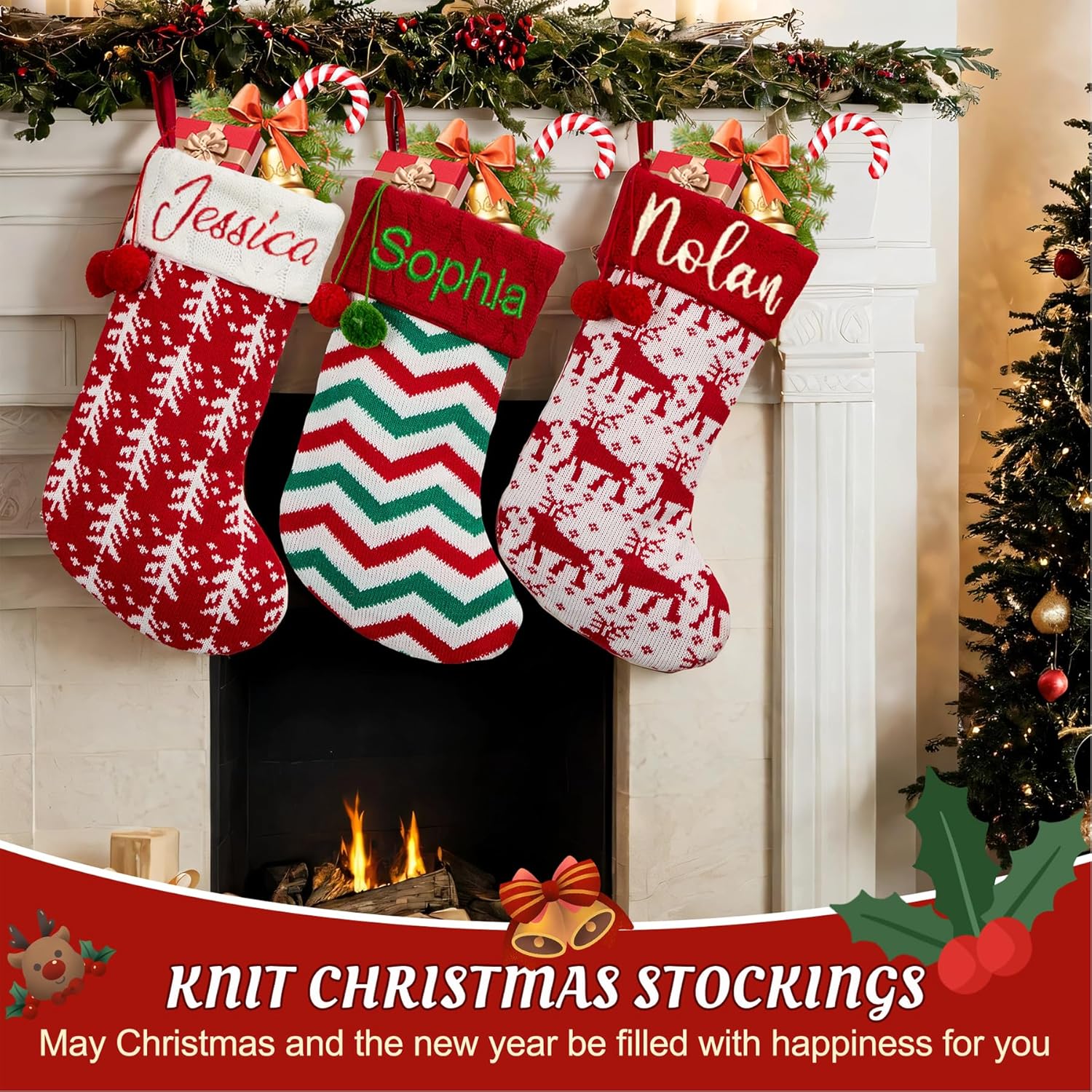 Flycalf Velvet Christmas Stockings 6 Pack Large 20 Inches with Hanging Loop Embroidery Classic Luxury Family Ornament Fireplace Hanging Stockings for Christmas Decorations