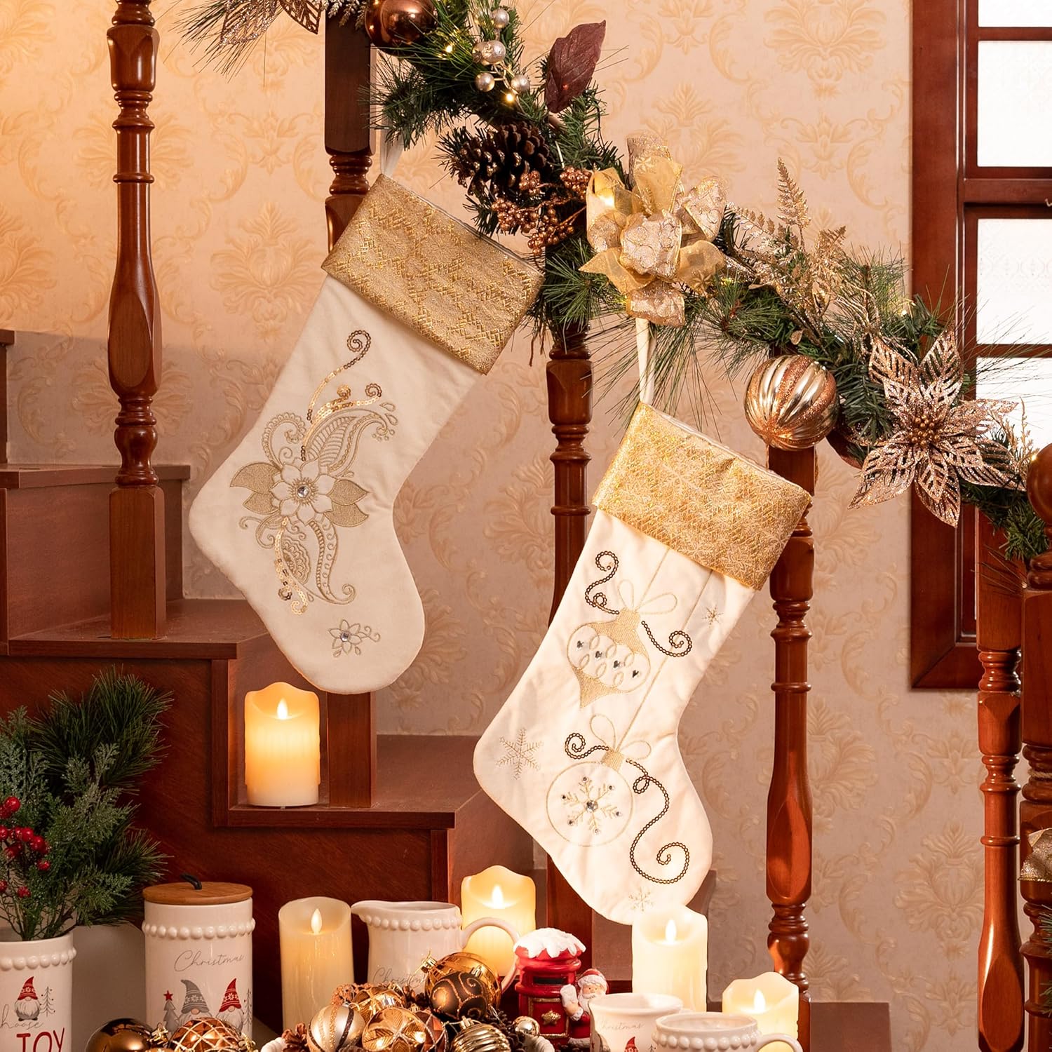 Valery Madelyn 21 Inches Christmas Stockings Decorations, 2 Pack White and Gold Stockings Embroidered in Gold Thread, Elegant Stocking Christmas with Name Tag for Fireplace Decor