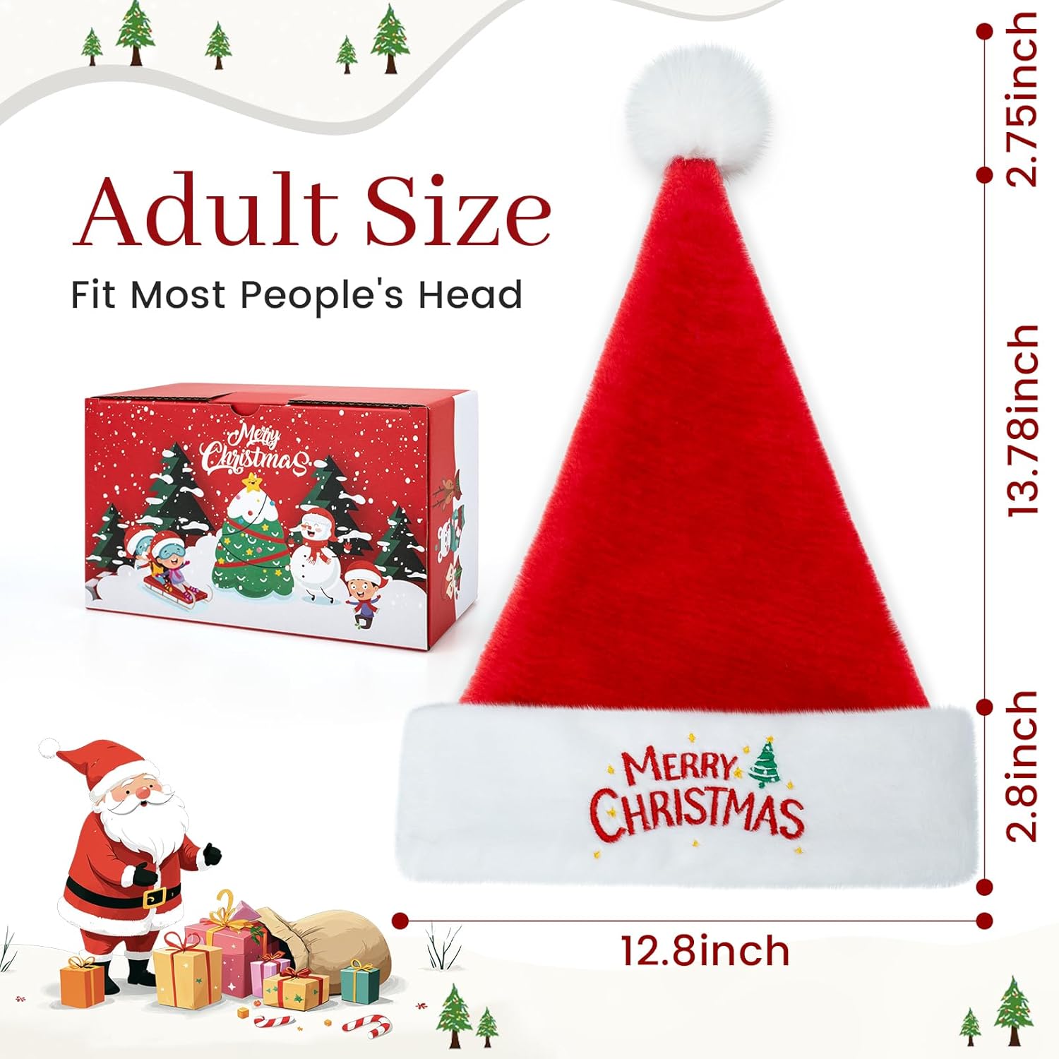 Christmas Santa Hat for Adults, Thicken Soft Velvet Comfort Classic Santa Claus Hat for New Year Party Headwear Holiday