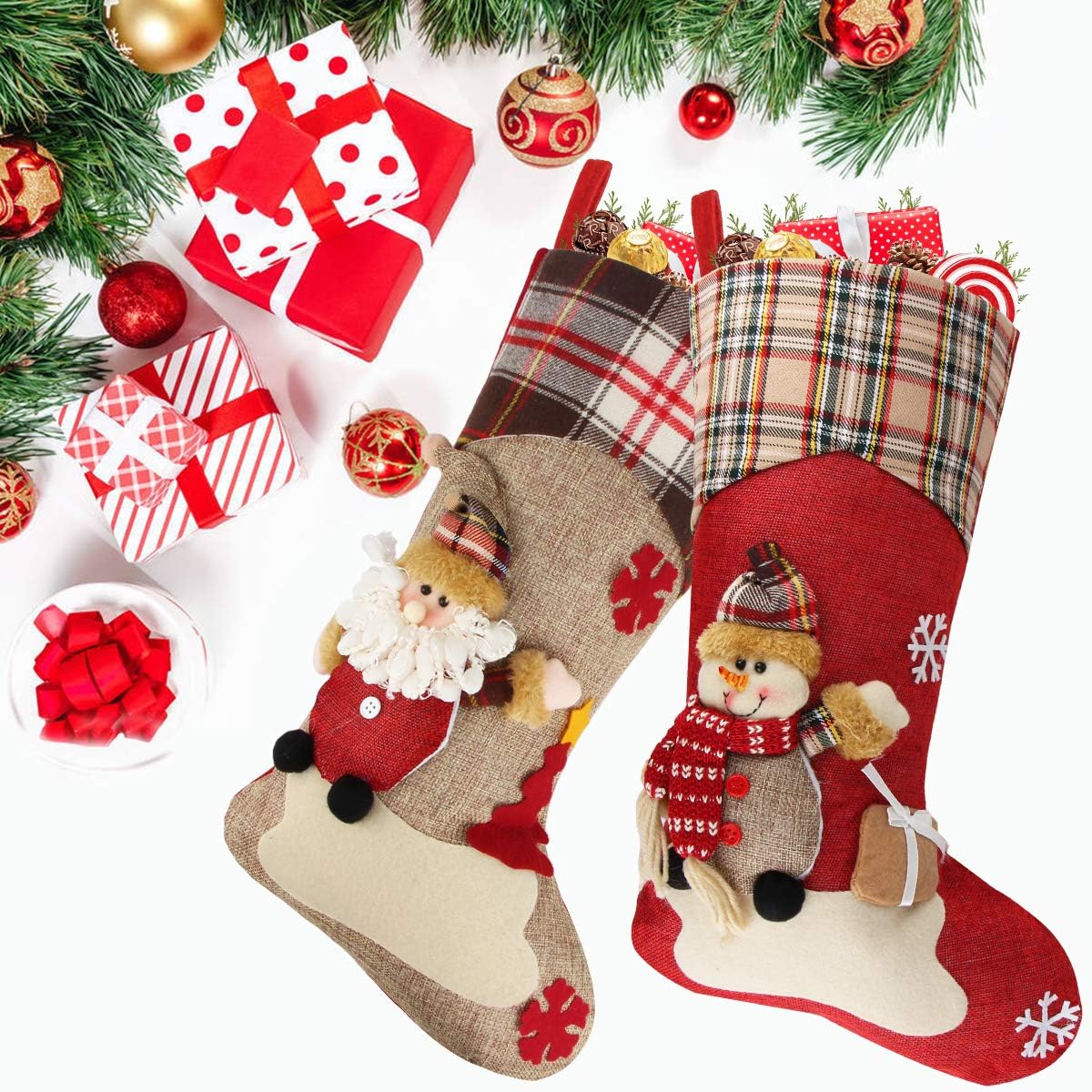 Dreampark Christmas Stockings Bulk 4 Pcs - 18 Classic Xmas Stockings Set of 4 - Santa Snowman Reindeer Penguin Christmas Stocking Decorations Home Decor Party Supplies & Kids Gifts
