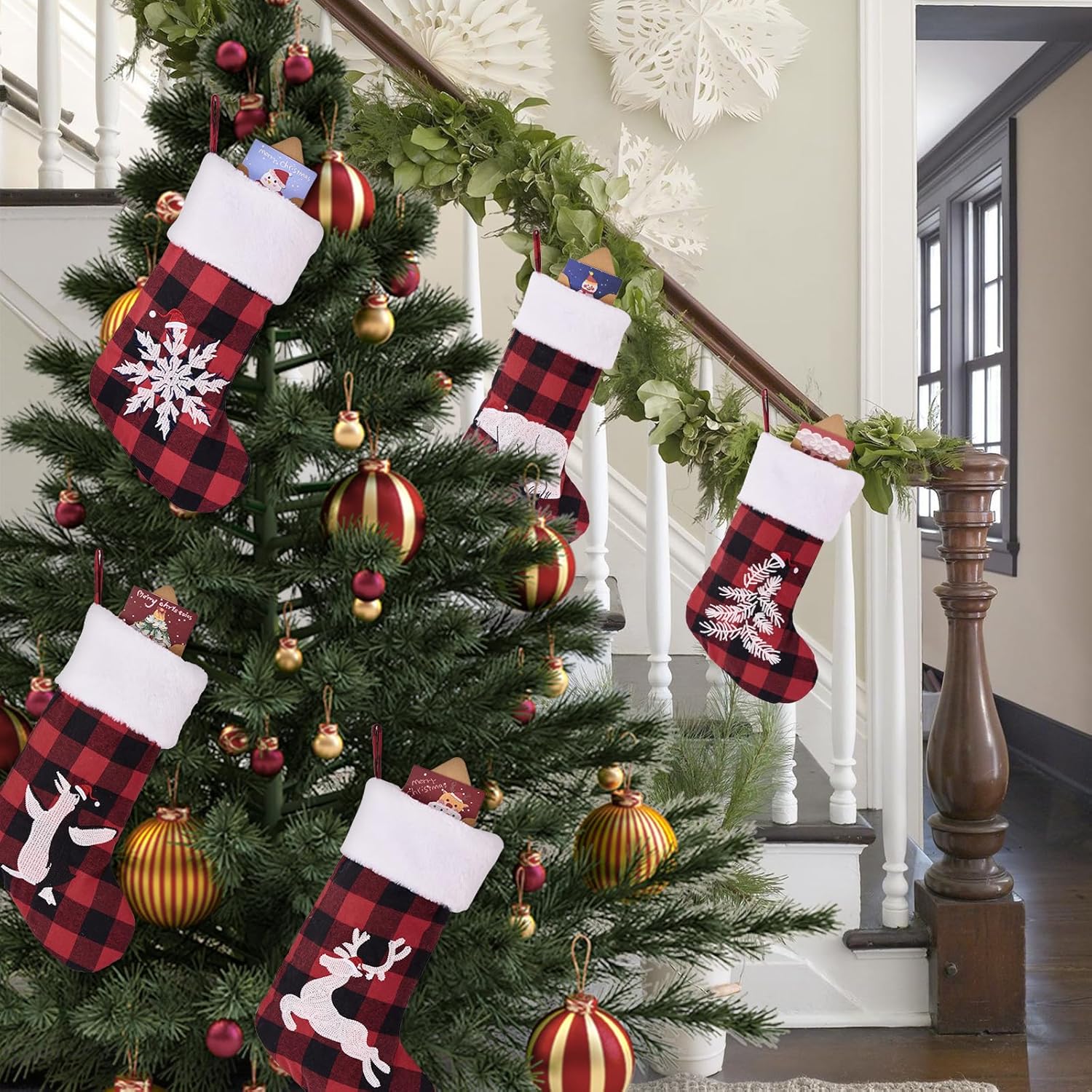 Flycalf Velvet Christmas Stockings 6 Pack Large 20 Inches with Hanging Loop Embroidery Classic Luxury Family Ornament Fireplace Hanging Stockings for Christmas Decorations