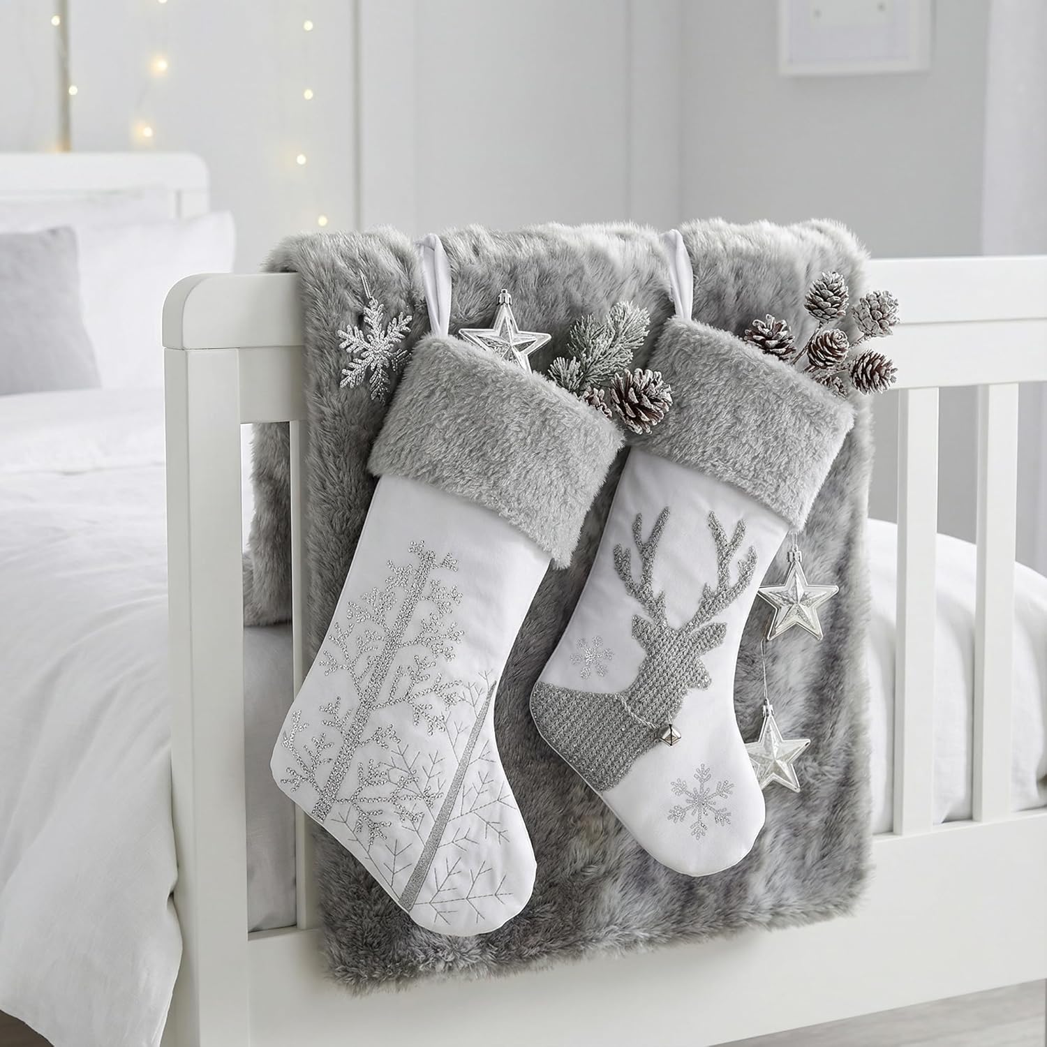 Valery Madelyn Christmas Stockings Decorations, 21 Inch Fabric 2 Pack Silver White Elk Embroidery Plush Personalized Fireplace Hanging Ornament for Holiday Xmas Party Decor