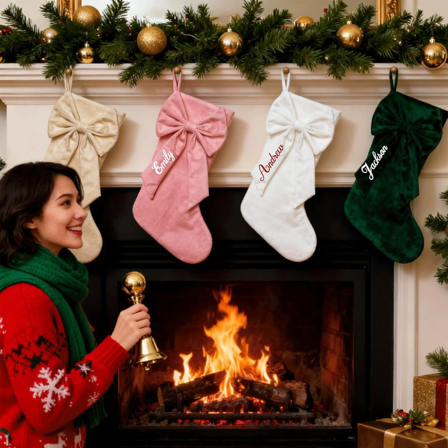 Flycalf Velvet Christmas Stockings 6 Pack Large 20 Inches with Hanging Loop Embroidery Classic Luxury Family Ornament Fireplace Hanging Stockings for Christmas Decorations