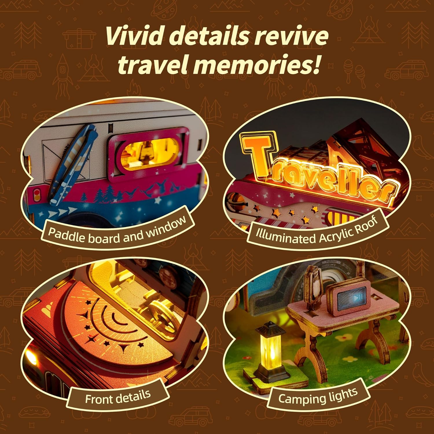 FUNPOLA 3D Wood Puzzle Travel Truck Model - DIY Miniature Adventure Truck Kit with LED Lights - Creative Gift for Kids and Adults(Travel Truck)