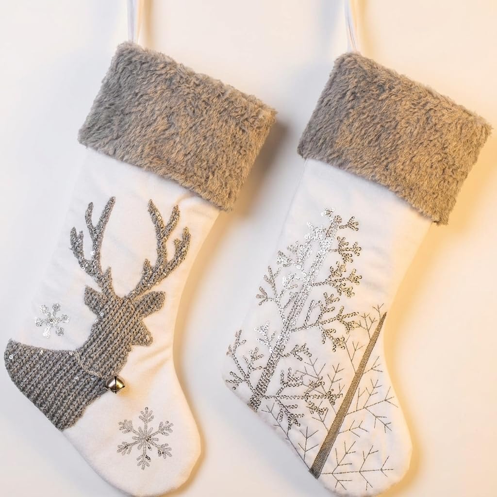 Valery Madelyn Christmas Stockings Decorations, 21 Inch Fabric 2 Pack Silver White Elk Embroidery Plush Personalized Fireplace Hanging Ornament for Holiday Xmas Party Decor