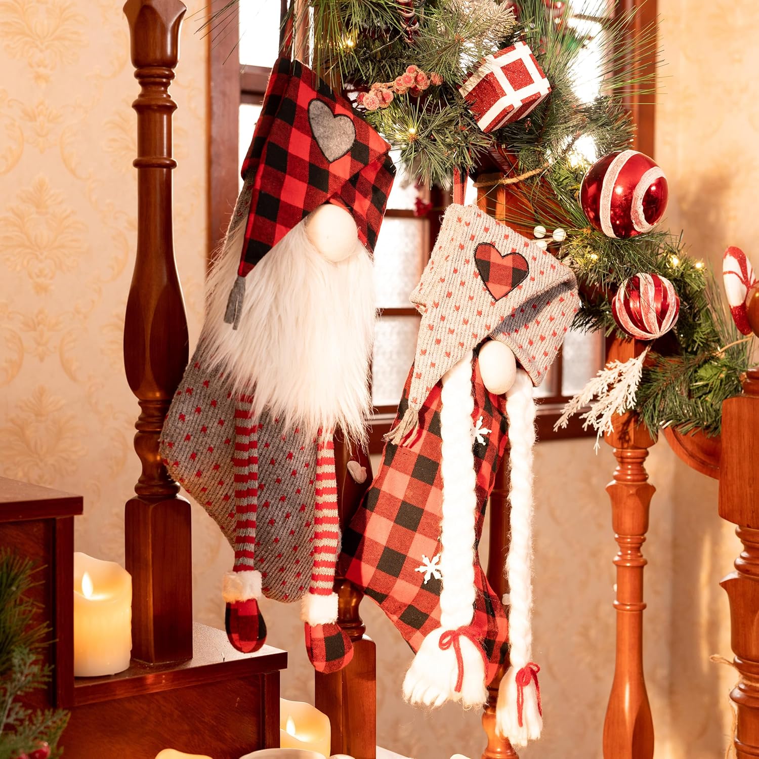 Valery Madelyn 21 Inch Christmas Gnome Stockings Decorations, 2 Pack Fabric Red Gray Tartan Cute Stocking with Name Tag, Valentine Day Gifts for Gnomes Lover and Women