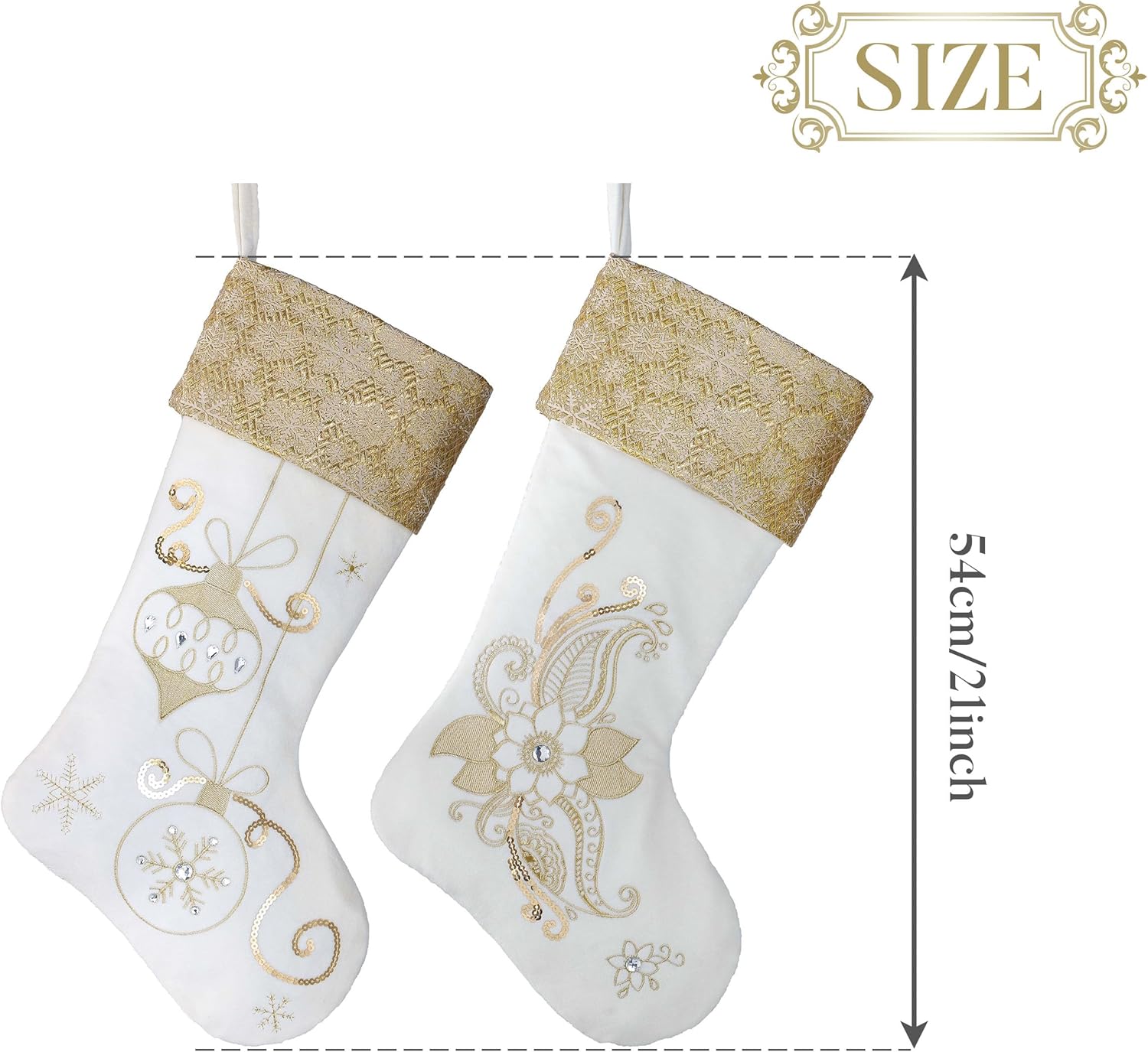 Valery Madelyn 21 Inches Christmas Stockings Decorations, 2 Pack White and Gold Stockings Embroidered in Gold Thread, Elegant Stocking Christmas with Name Tag for Fireplace Decor