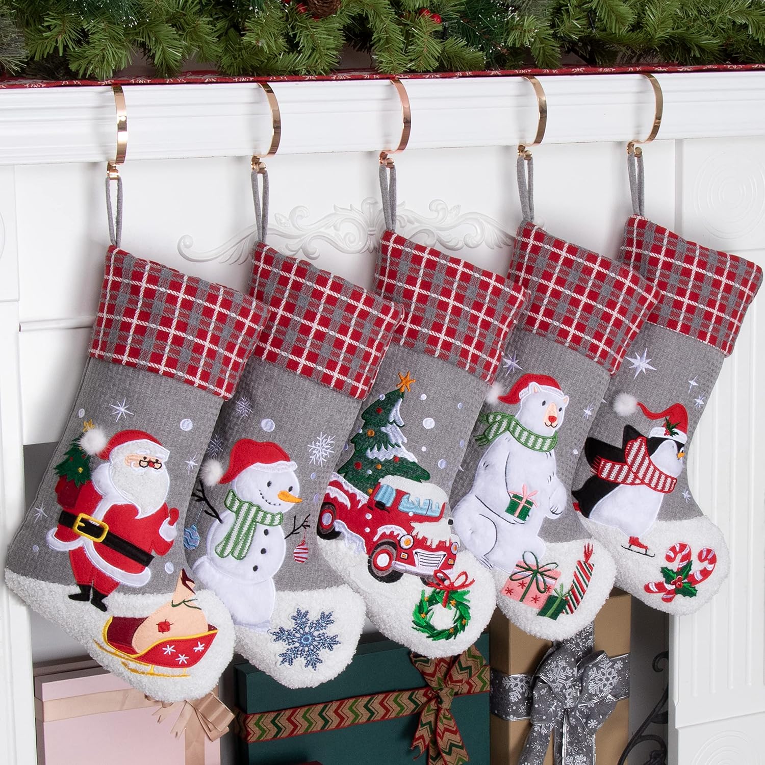 BHD BEAUTY Set of 6 Christmas Stockings Gray Burlap Buffalo Red Plaid Soft Faux Fur 20 Inches Lovely Embroidery Pattern for Family Decorations Hanging Ornament for Xmas Holiday Party