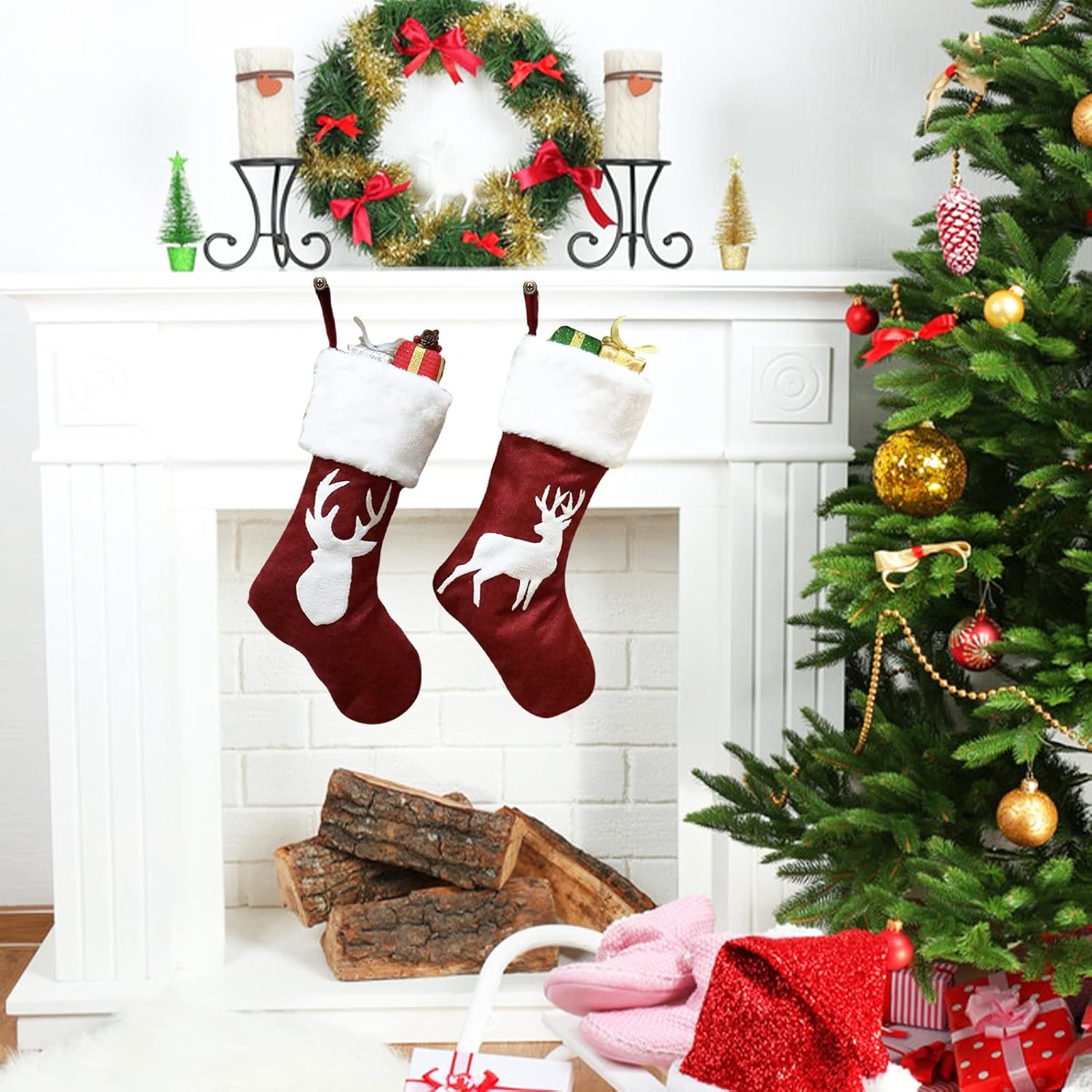 Meajore 2 Pcs Christmas Stockings New Set, 3D Gnomes Santa Christmas Stockings Personalized (18inch) Soft Classic Red and Grey Fireplace Hanging for Family Holiday Xmas Party Decorations