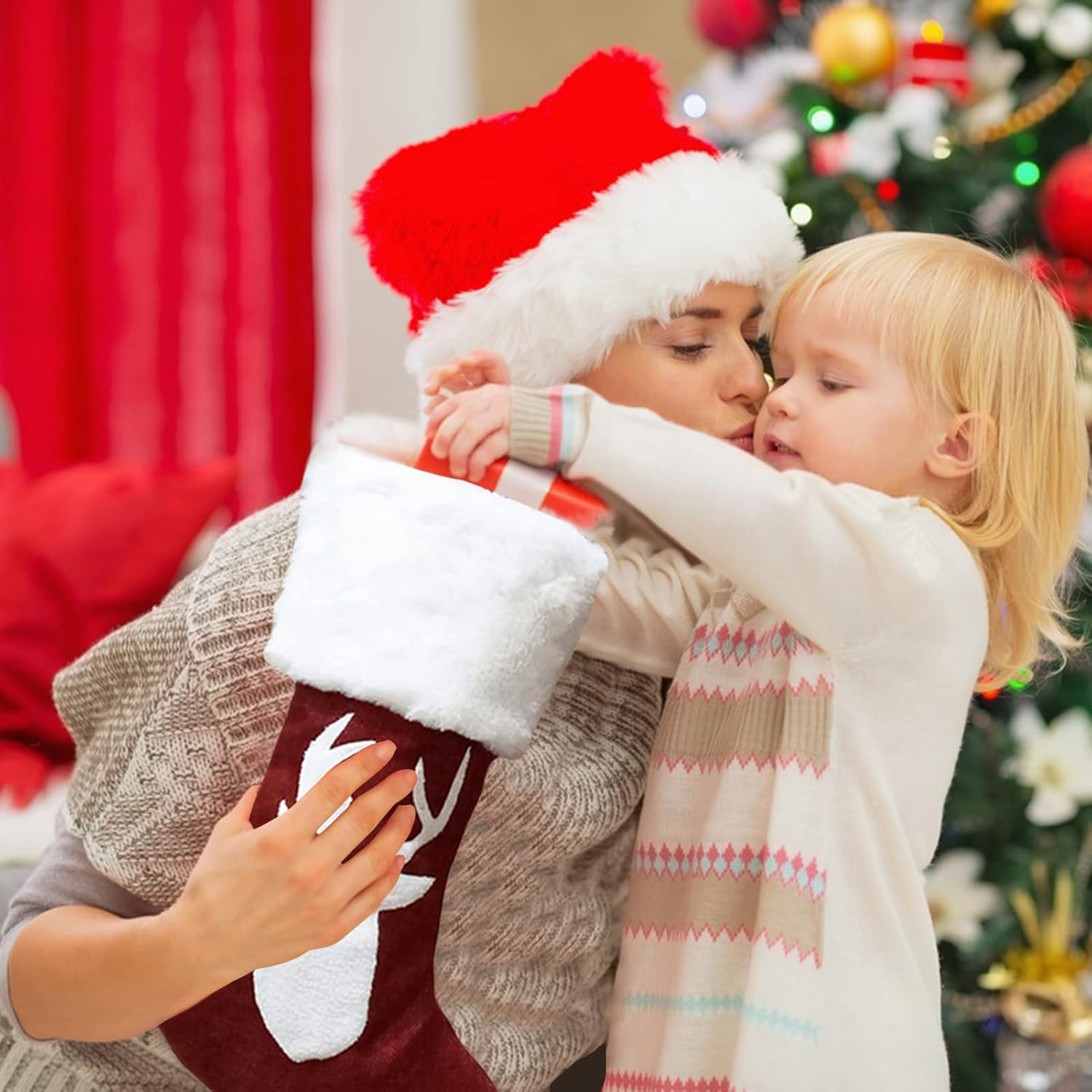 Meajore 2 Pcs Christmas Stockings New Set, 3D Gnomes Santa Christmas Stockings Personalized (18inch) Soft Classic Red and Grey Fireplace Hanging for Family Holiday Xmas Party Decorations