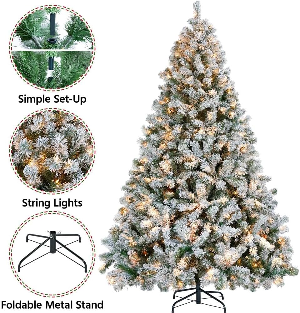 6ft Snow Flocked Pre-lit Christmas Tree with 250 Warm White Lights, 820 Lush Branch Tips & Quick-Assembly Hinged Design, Full Artificial Xmas Tree for Winter Holiday Décor, Green & White