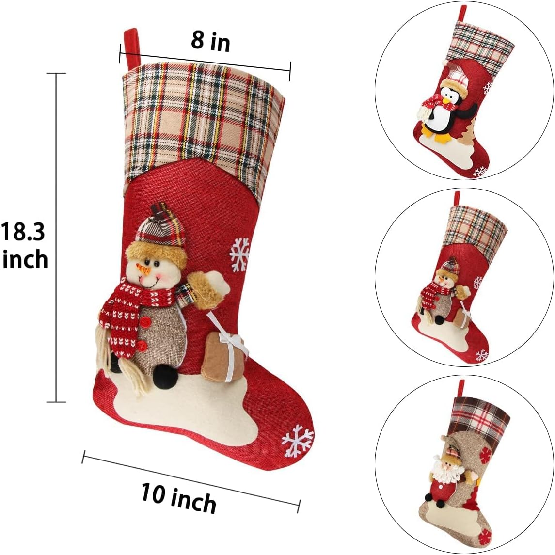 Dreampark Christmas Stockings Bulk 4 Pcs - 18 Classic Xmas Stockings Set of 4 - Santa Snowman Reindeer Penguin Christmas Stocking Decorations Home Decor Party Supplies & Kids Gifts