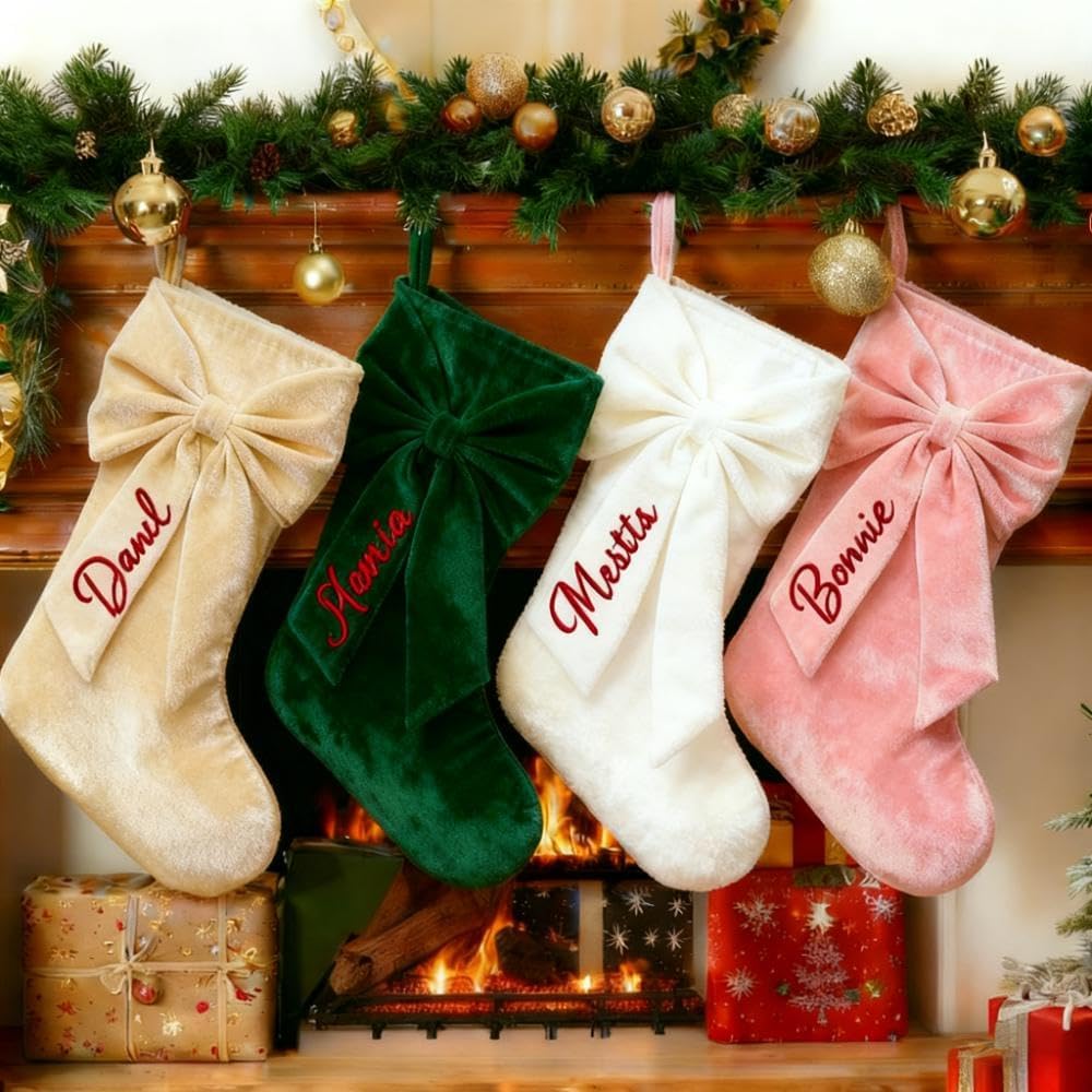 Flycalf Velvet Christmas Stockings 6 Pack Large 20 Inches with Hanging Loop Embroidery Classic Luxury Family Ornament Fireplace Hanging Stockings for Christmas Decorations