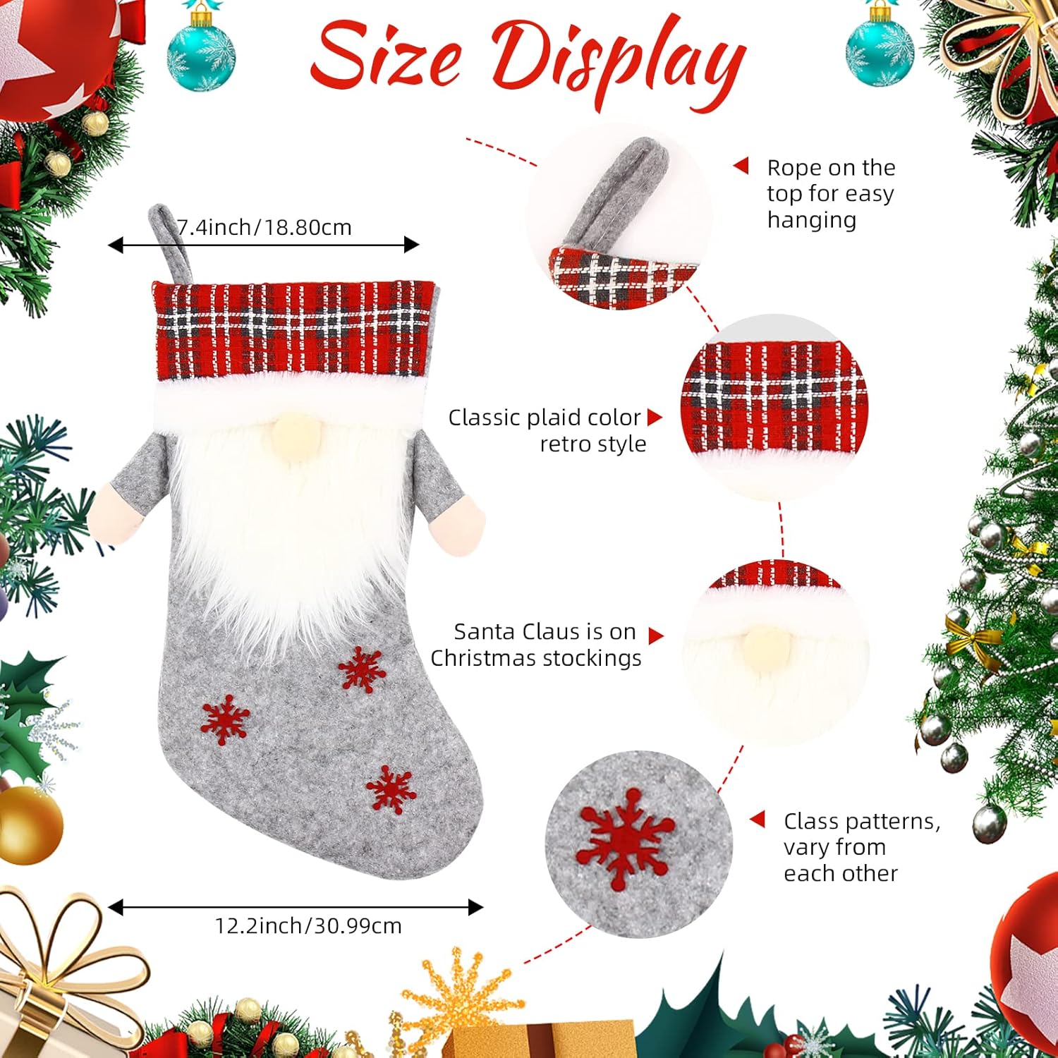 Meajore 2 Pcs Christmas Stockings New Set, 3D Gnomes Santa Christmas Stockings Personalized (18inch) Soft Classic Red and Grey Fireplace Hanging for Family Holiday Xmas Party Decorations