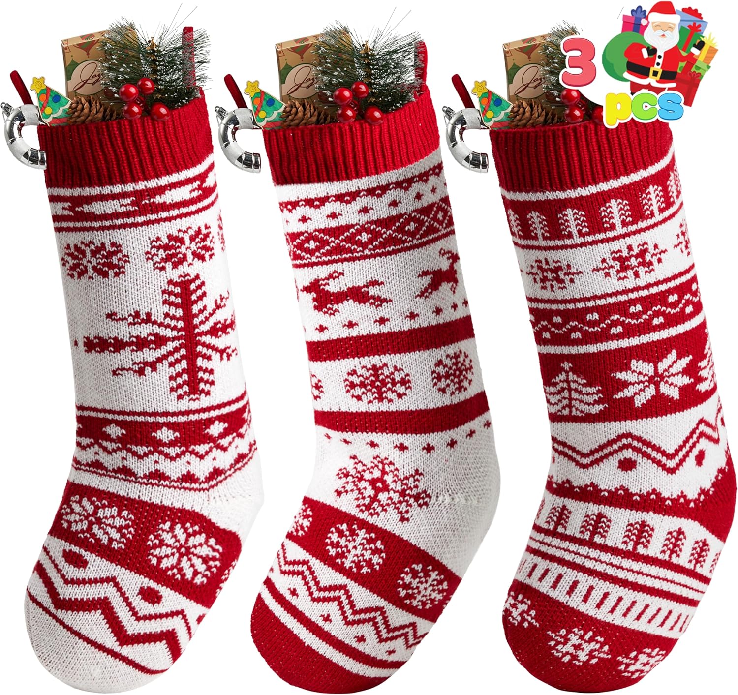 JOYIN 3 Pack 18” Christmas Stockings, Large Size Rustic Cable Knit Xmas Stocking in Red & Green, for Family Holiday Season Decorations