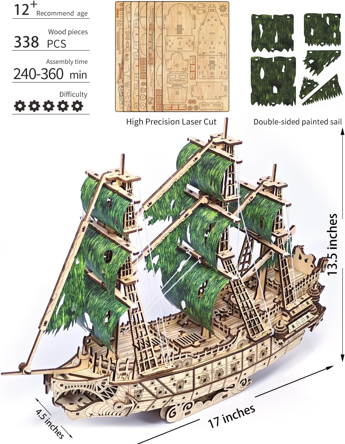 Desafiante rompecabezas de madera 3D de holandés volador para adultos, kit de modelo de barco pirata para construir, regalo ideal de Navidad o cumpleaños para entusiastas de los rompecabezas