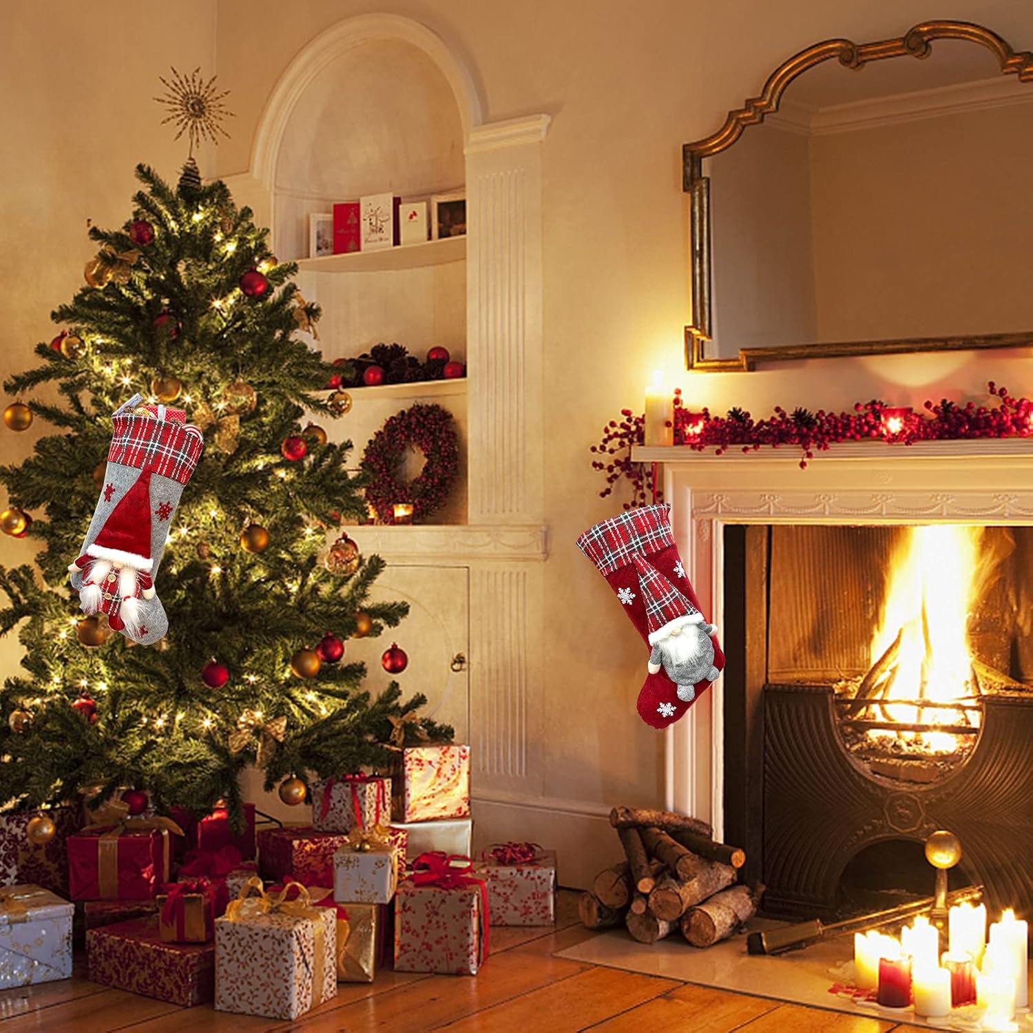 Meajore 2 Pcs Christmas Stockings New Set, 3D Gnomes Santa Christmas Stockings Personalized (18inch) Soft Classic Red and Grey Fireplace Hanging for Family Holiday Xmas Party Decorations