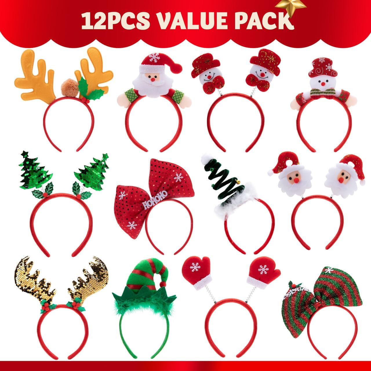 12 Packs Christmas Headbands 3D Head Hat Headbands for Kids Women Men Christmas Parties Costume Accessories Xmas Holiday Party Favors Photo Booth (ONE SIZE FIT ALL)