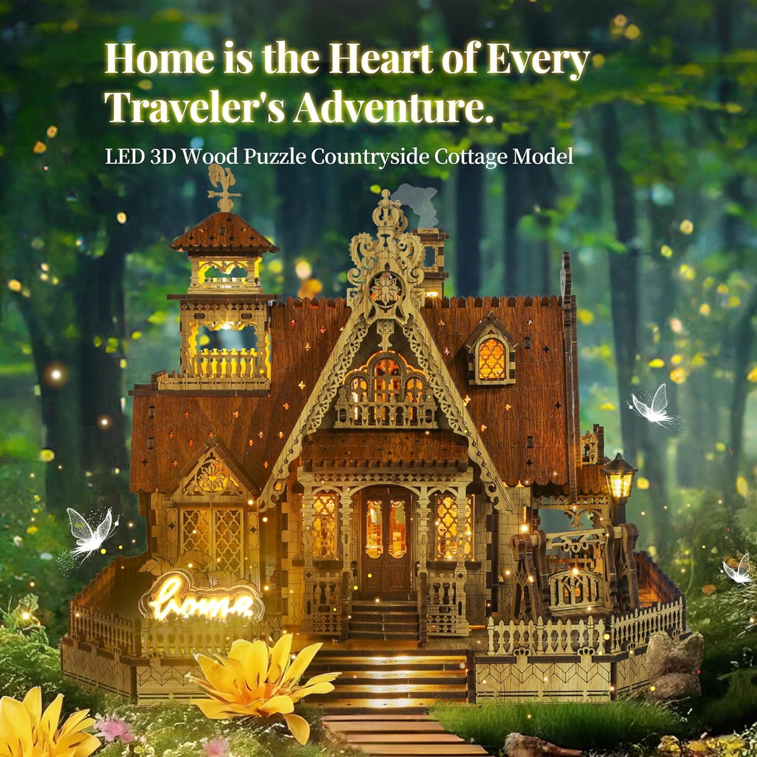 FUNPOLA LED 3D Wood Puzzle Countryside Cottage Model - DIY Miniature Building Kit with Spark LED Lights - 3D Craft Rural Architecture Home Décor Gift for Adults