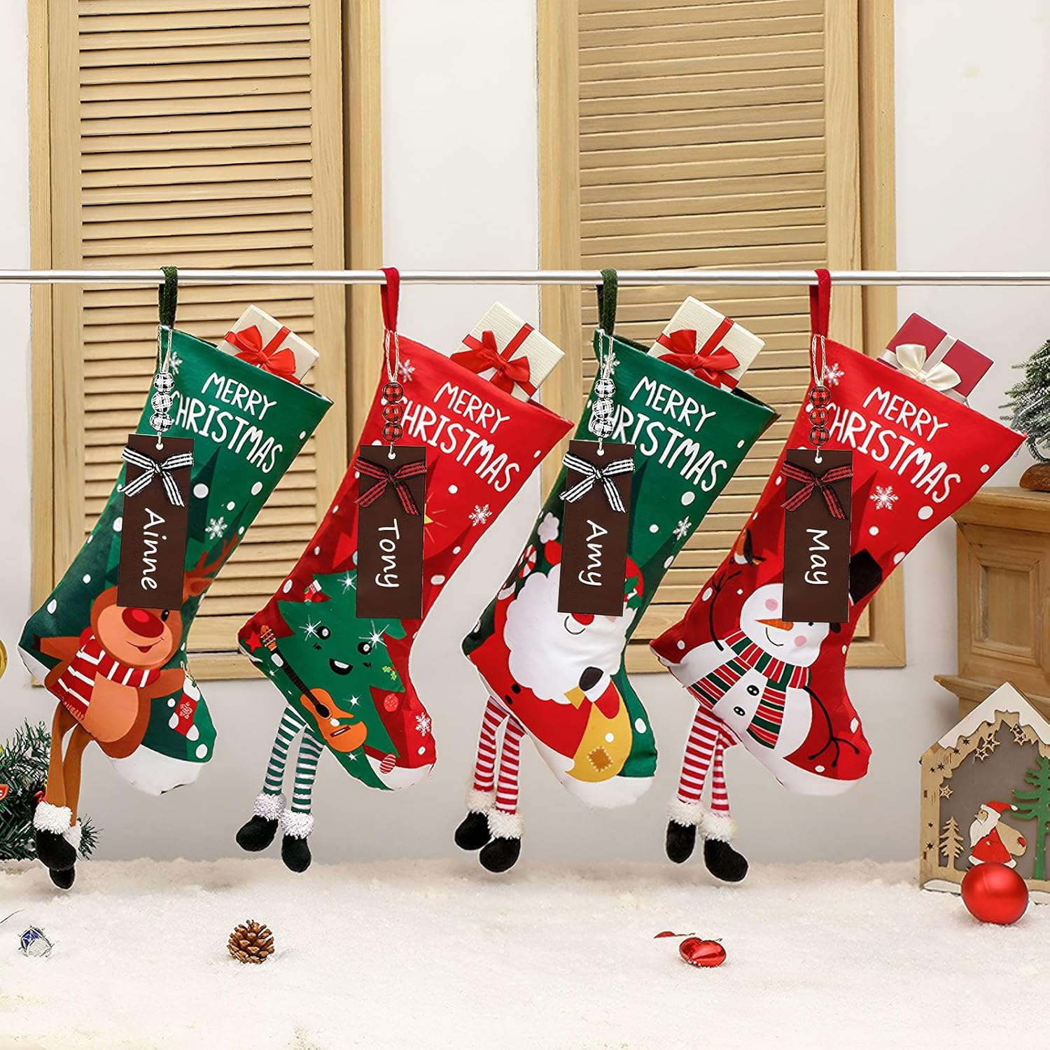is Tycons 2023 New 4 Pack Christmas Stockings with Name Tags,18 Large Personalized Christmas Stocking Deer Santa Non-Woven Xmas Stocking,Fireplace Hanging Stockings Boots for Holiday Christmas Decor