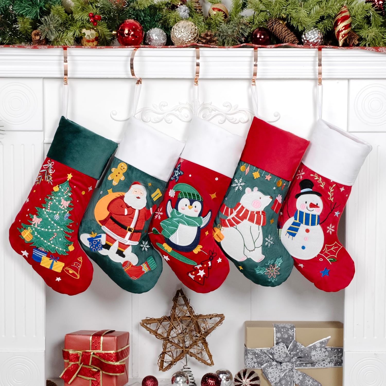 BHD BEAUTY Set of 6 Christmas Stockings Gray Burlap Buffalo Red Plaid Soft Faux Fur 20 Inches Lovely Embroidery Pattern for Family Decorations Hanging Ornament for Xmas Holiday Party