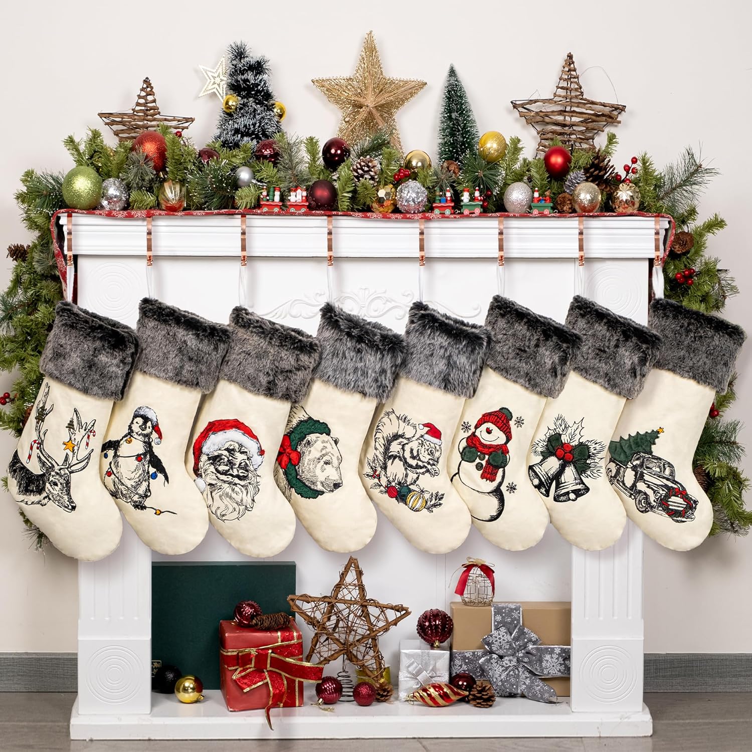 BHD BEAUTY Set of 6 Christmas Stockings Gray Burlap Buffalo Red Plaid Soft Faux Fur 20 Inches Lovely Embroidery Pattern for Family Decorations Hanging Ornament for Xmas Holiday Party