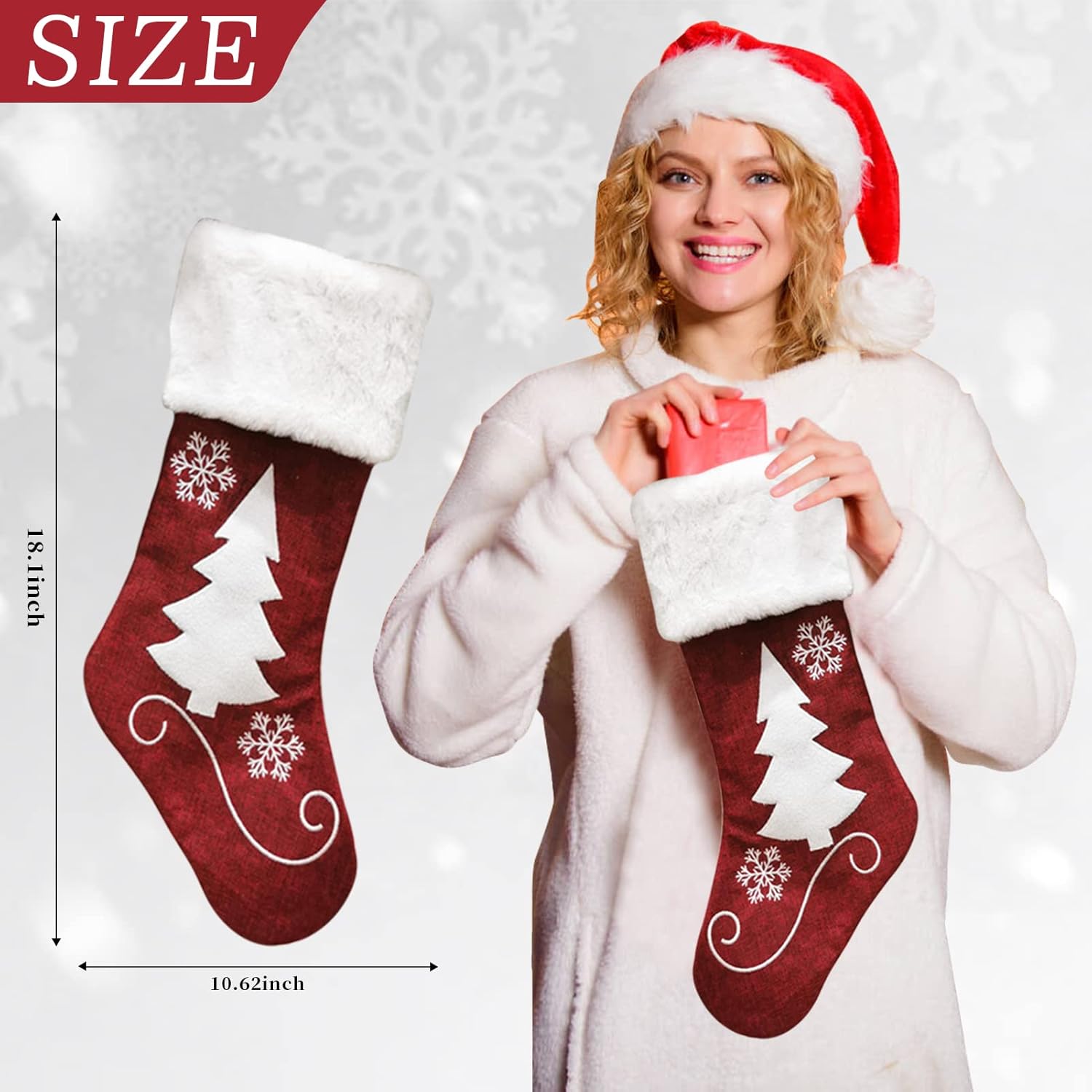 Meajore 2 Pcs Christmas Stockings New Set, 3D Gnomes Santa Christmas Stockings Personalized (18inch) Soft Classic Red and Grey Fireplace Hanging for Family Holiday Xmas Party Decorations