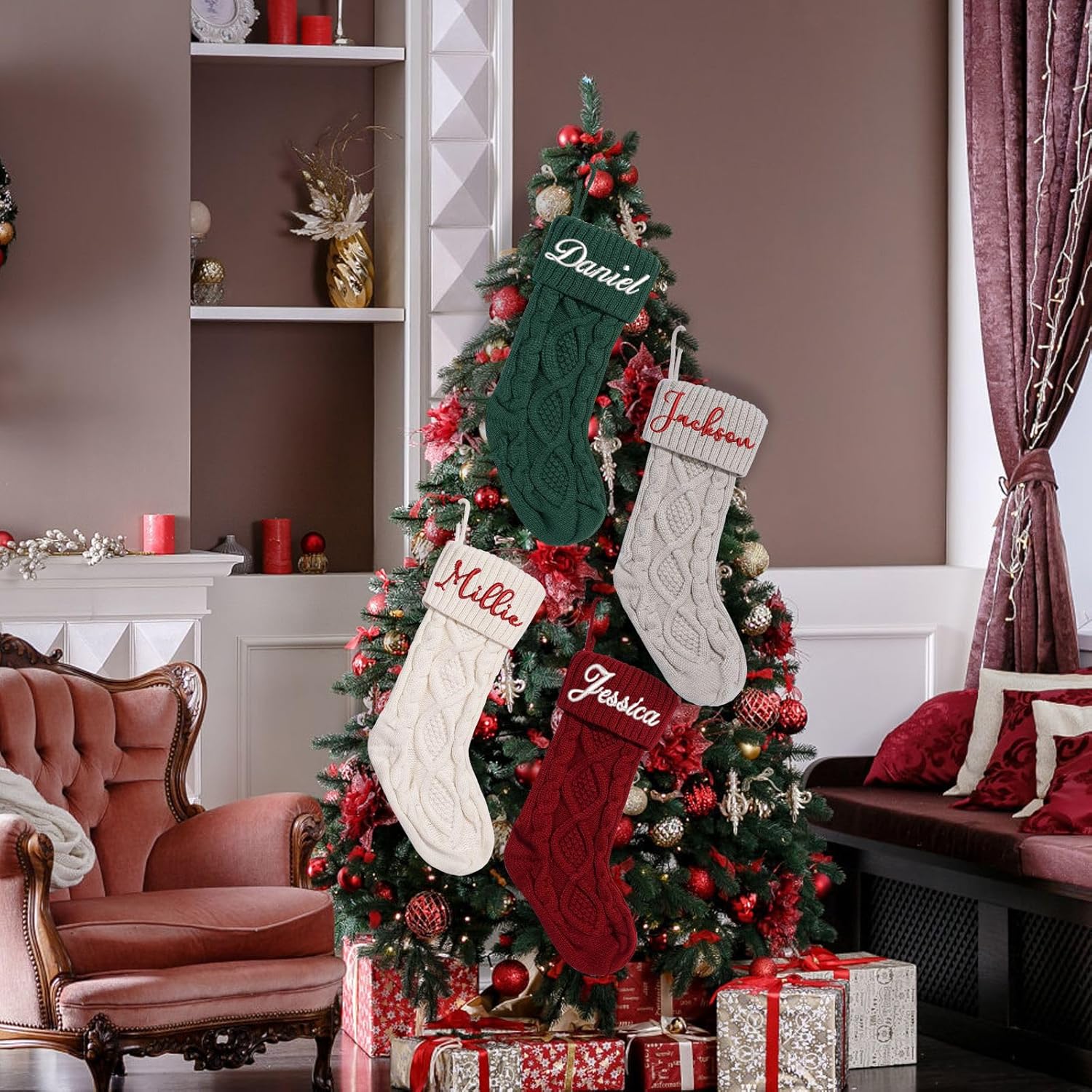 Flycalf Velvet Christmas Stockings 6 Pack Large 20 Inches with Hanging Loop Embroidery Classic Luxury Family Ornament Fireplace Hanging Stockings for Christmas Decorations