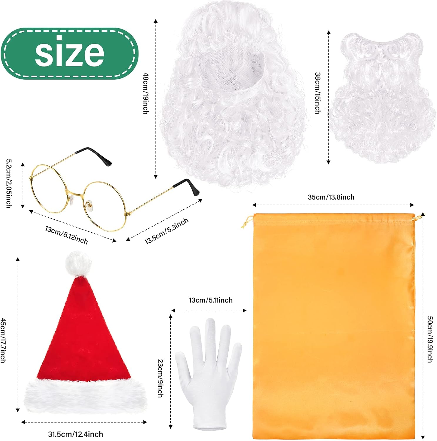 Christmas Santa Costume Set Includes Christmas Santa Hat Beard Wig White Gloves Glasses Present Bag for Xmas Costume