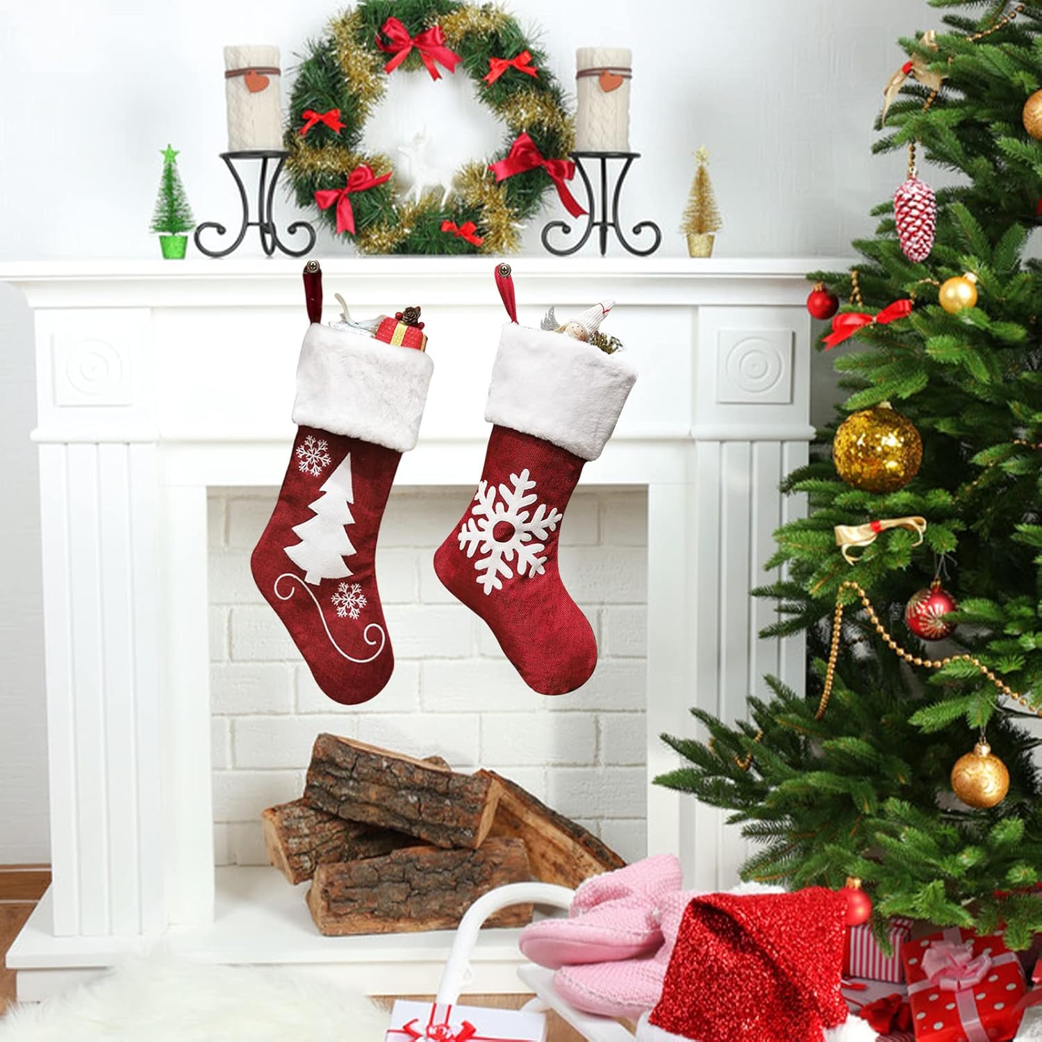 Meajore 2 Pcs Christmas Stockings New Set, 3D Gnomes Santa Christmas Stockings Personalized (18inch) Soft Classic Red and Grey Fireplace Hanging for Family Holiday Xmas Party Decorations