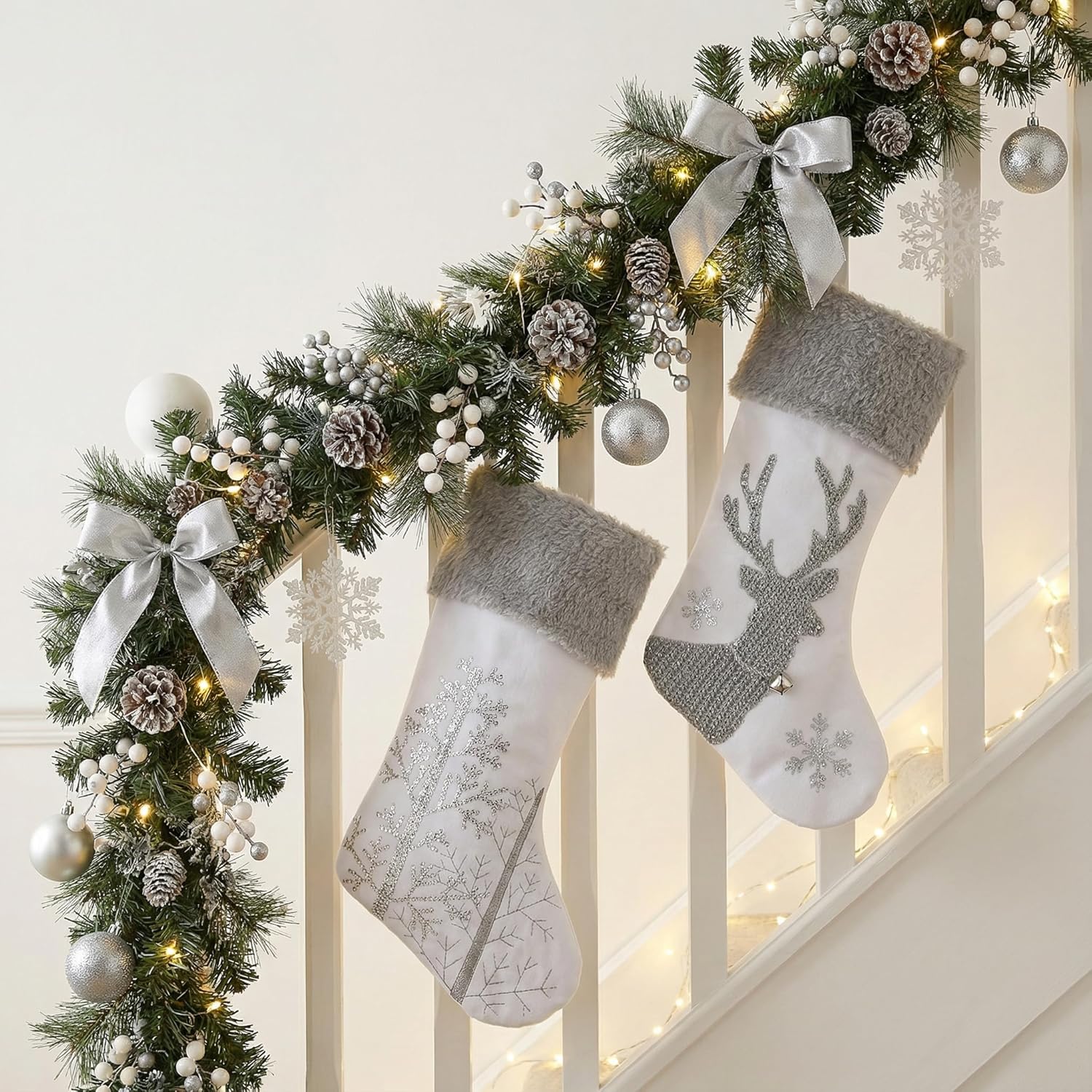 Valery Madelyn Christmas Stockings Decorations, 21 Inch Fabric 2 Pack Silver White Elk Embroidery Plush Personalized Fireplace Hanging Ornament for Holiday Xmas Party Decor