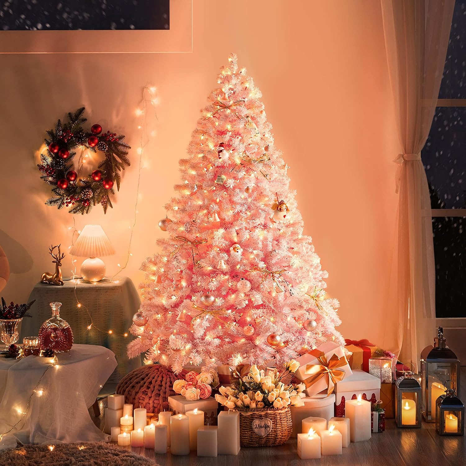 6ft Snow Flocked Pre-lit Christmas Tree with 250 Warm White Lights, 820 Lush Branch Tips & Quick-Assembly Hinged Design, Full Artificial Xmas Tree for Winter Holiday Décor, Green & White