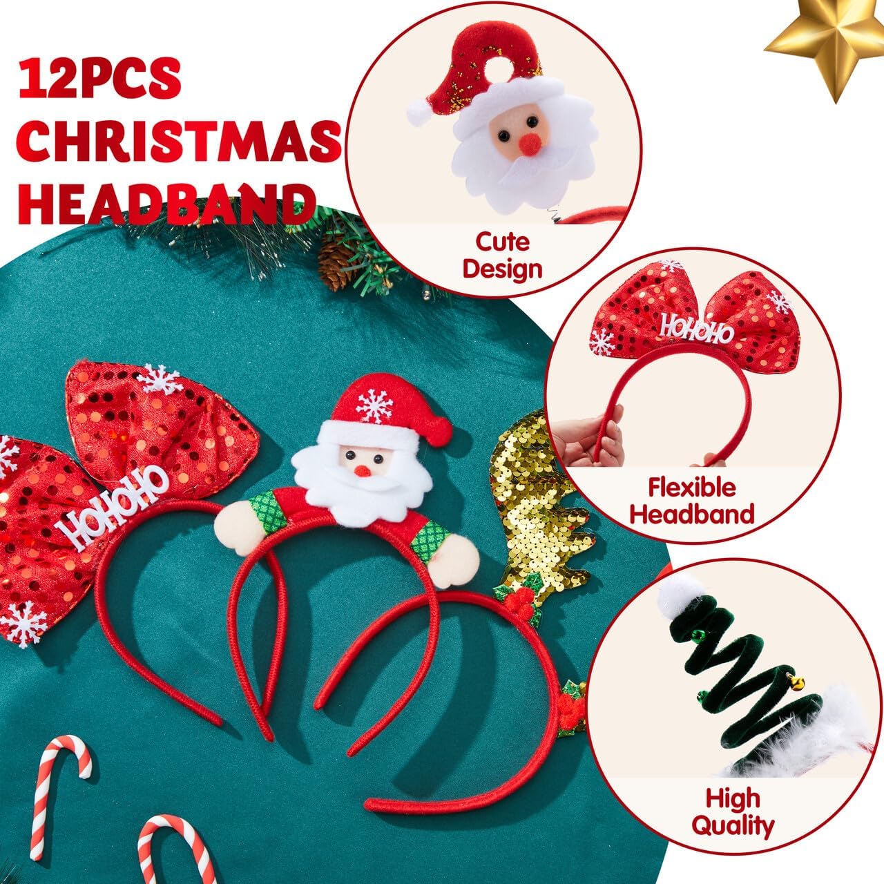 12 Packs Christmas Headbands 3D Head Hat Headbands for Kids Women Men Christmas Parties Costume Accessories Xmas Holiday Party Favors Photo Booth (ONE SIZE FIT ALL)